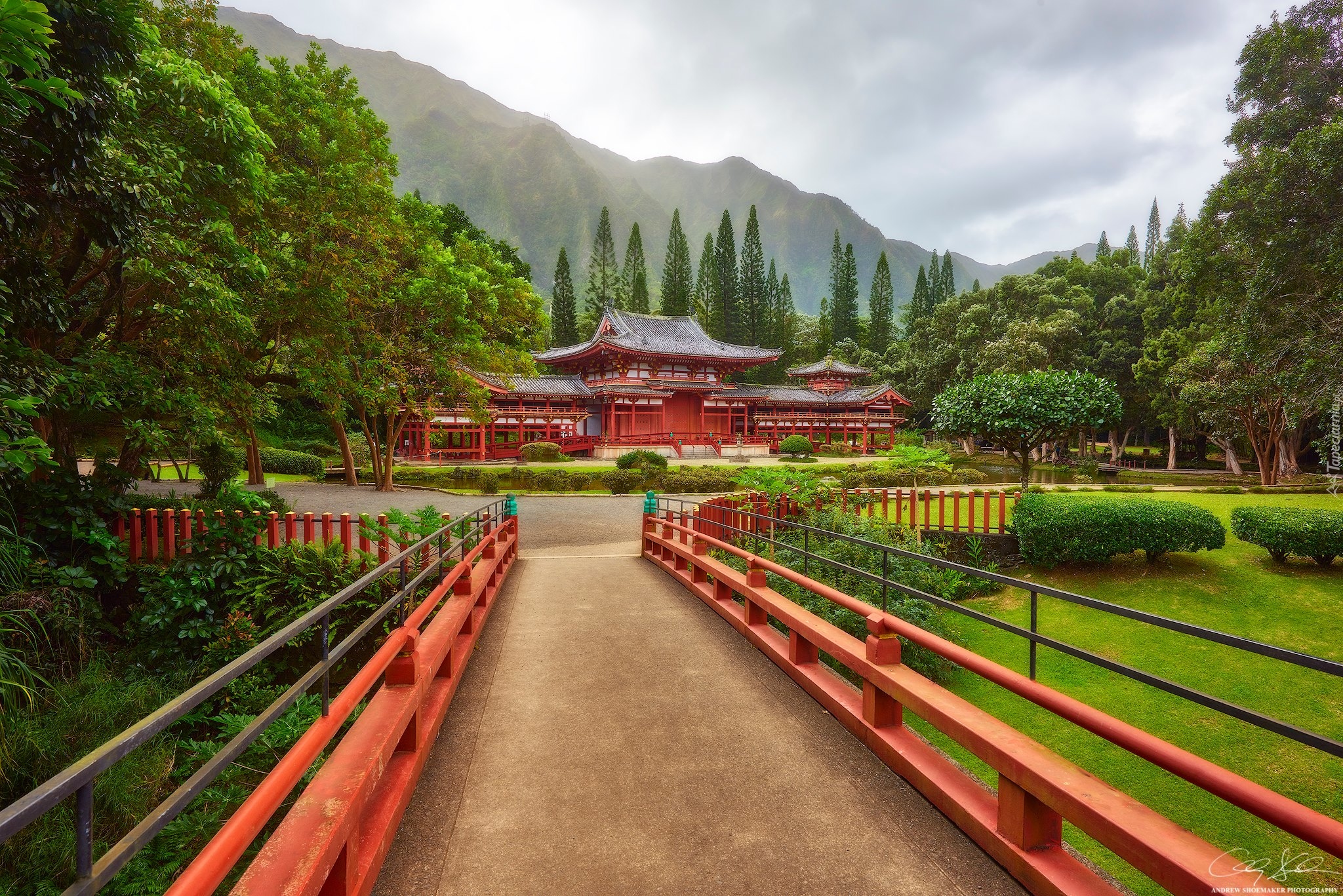 Hawaje, Wyspa Oahu, Góry, Świątynia japońska, Replika, Drzewa, Roślinność