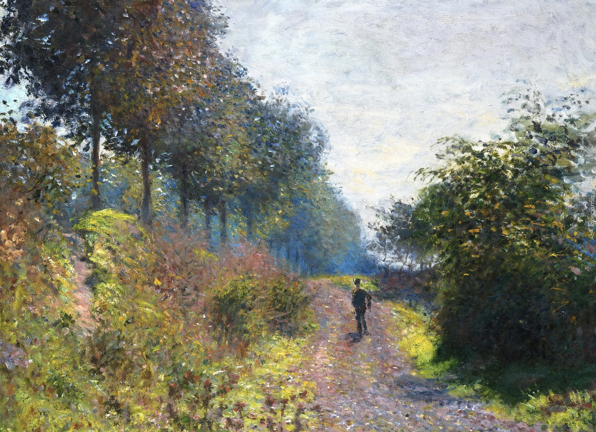 Malarstwo, Obraz, Claude Monet, The Sheltered Path, Droga, Drzewa, Postać, Drzewa, Krzewy