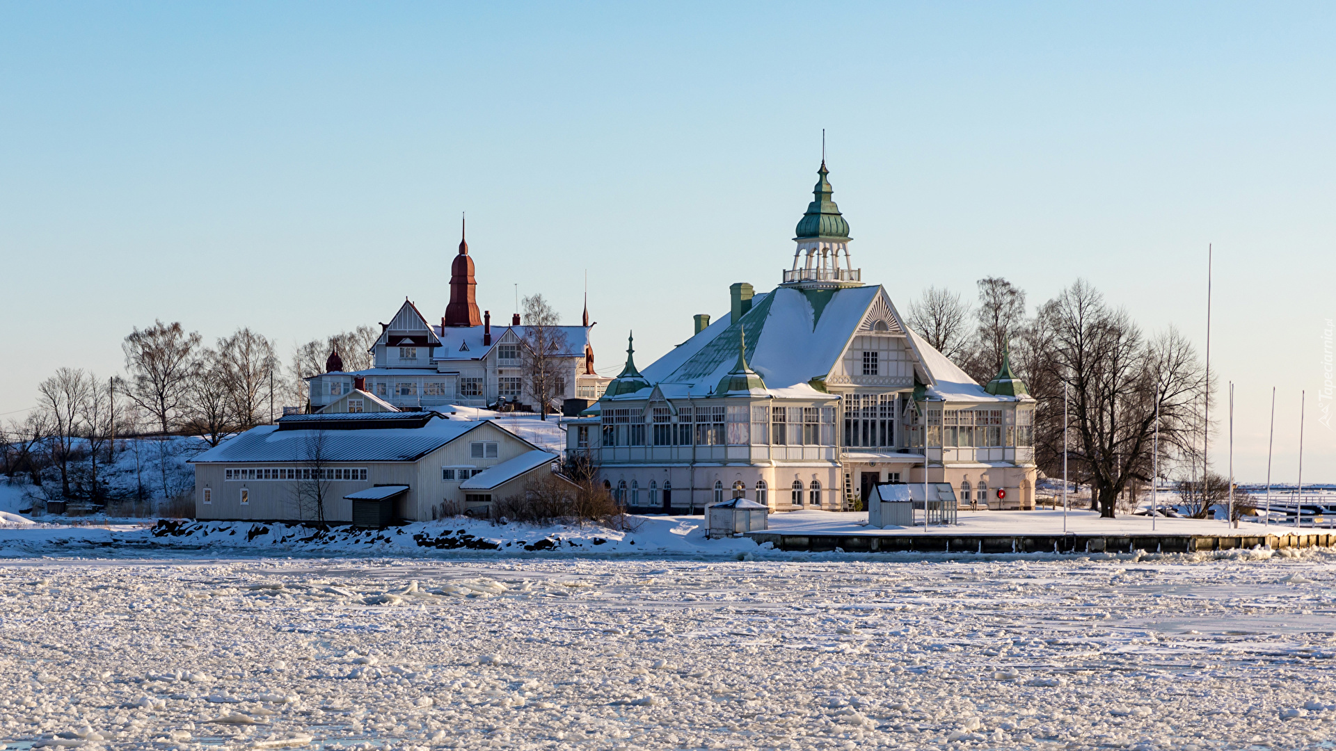 Wyspa Valkosaari, Helsinki, Finlandia, Restauracja, Zima, Śnieg, Drzewa