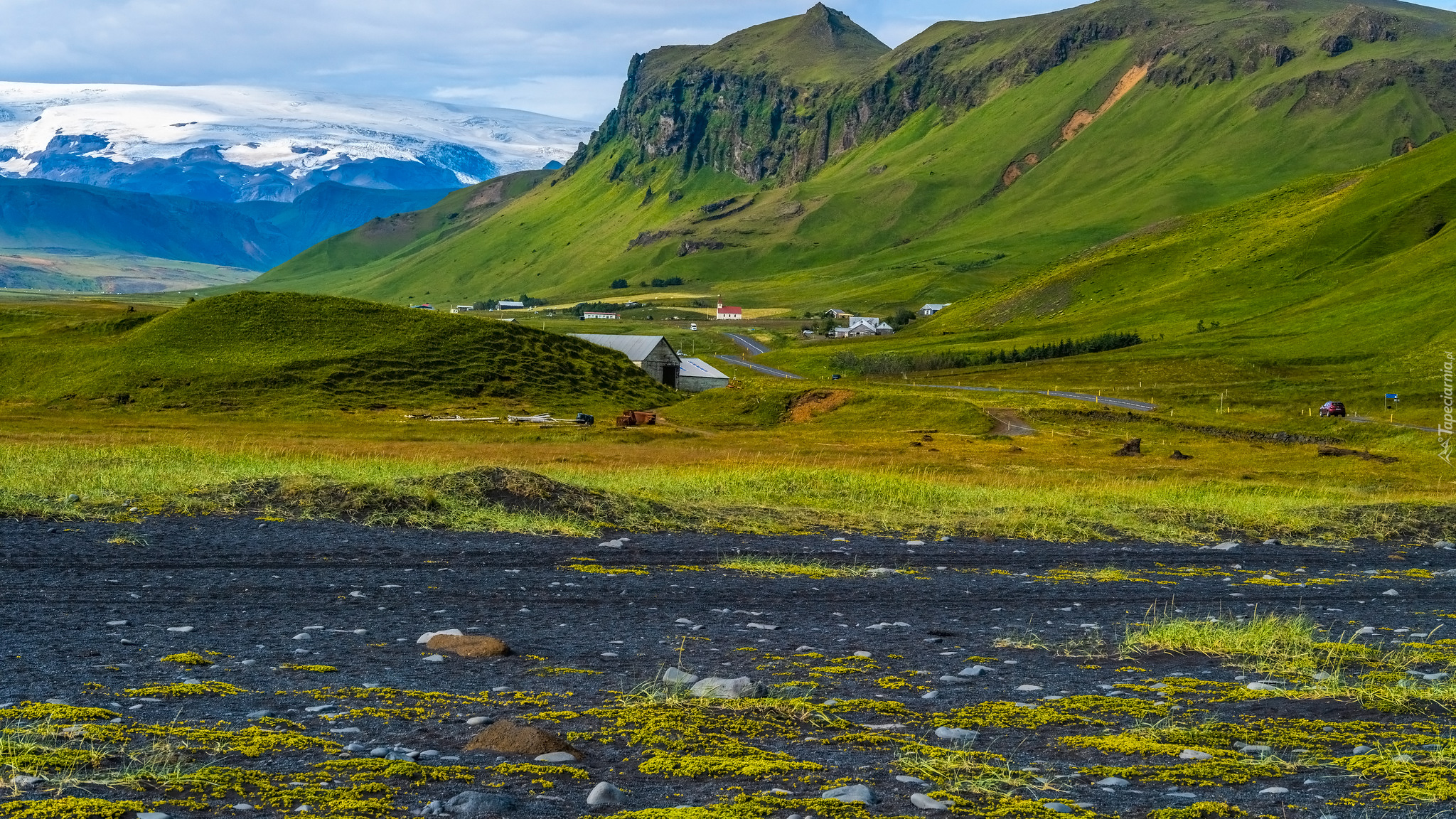 Góry, Domy, Droga, Reynisfjara Beach, Islandia