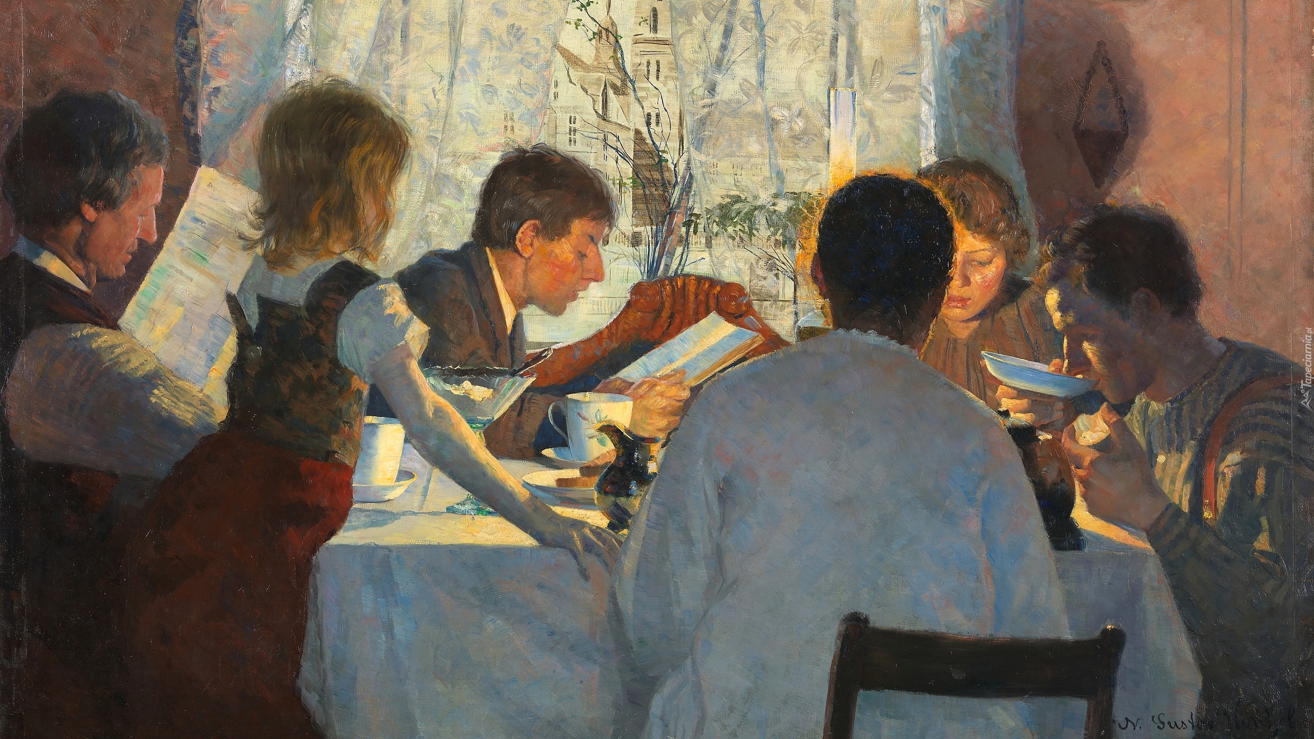 Malarstwo, Obraz, Gustav Wentzel, Kobiety, Mężczyźni, Stół, Śniadanie, Okno