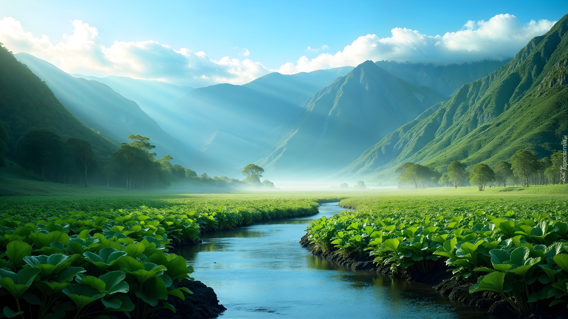 Góry, Dolina, Rzeka, Rośliny, AI