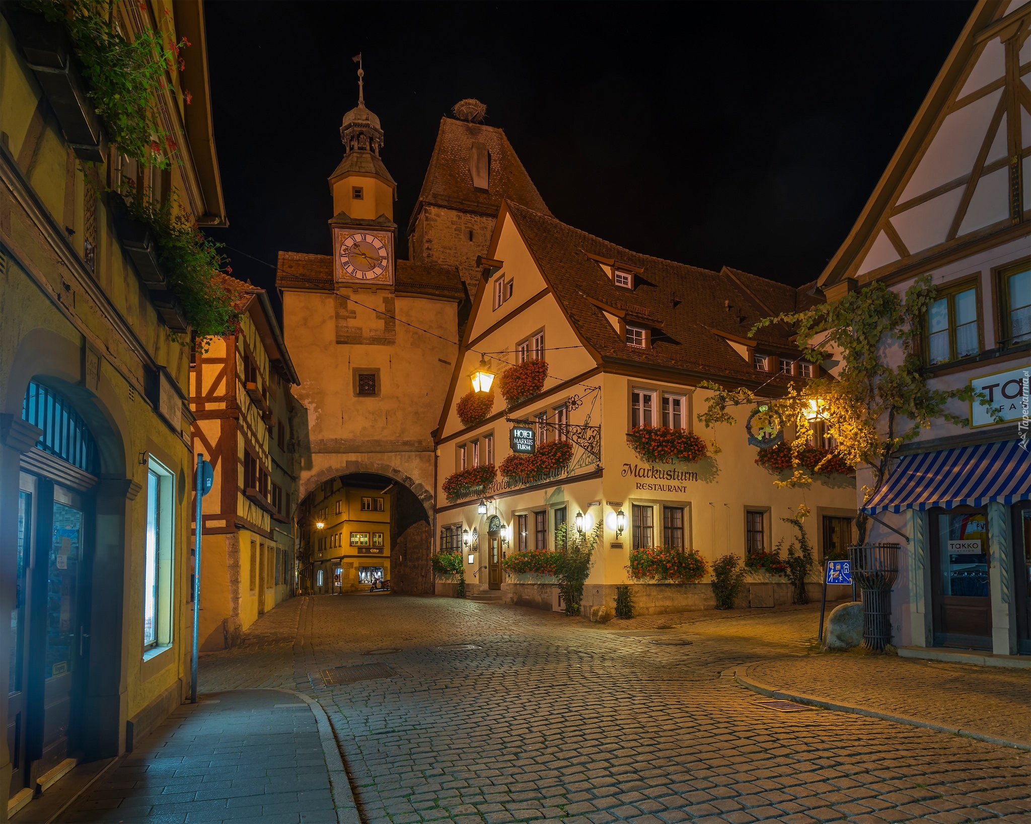 Miasto, Rothenburg ob der Tauber, Domy, Noc, Ulica, Latarnie, Bawaria, Niemcy