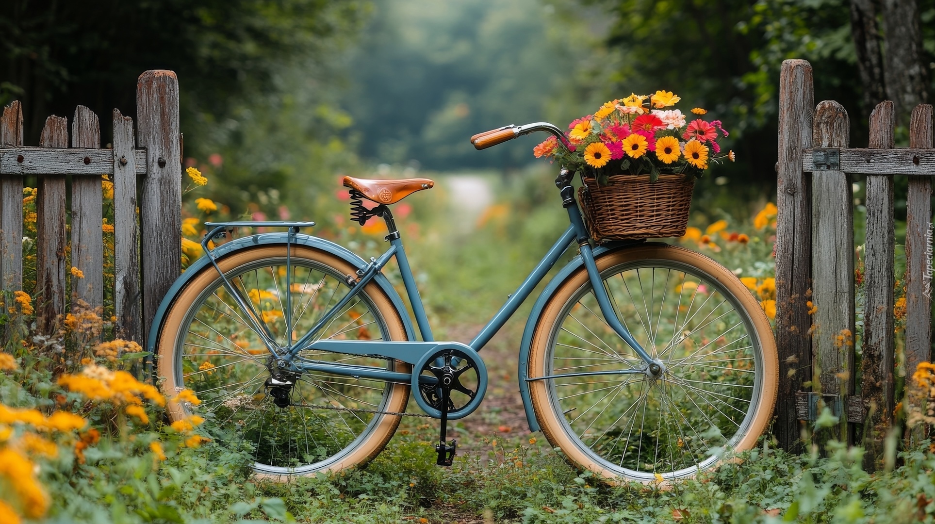 Płot, Rower, Kwiaty, Koszyk