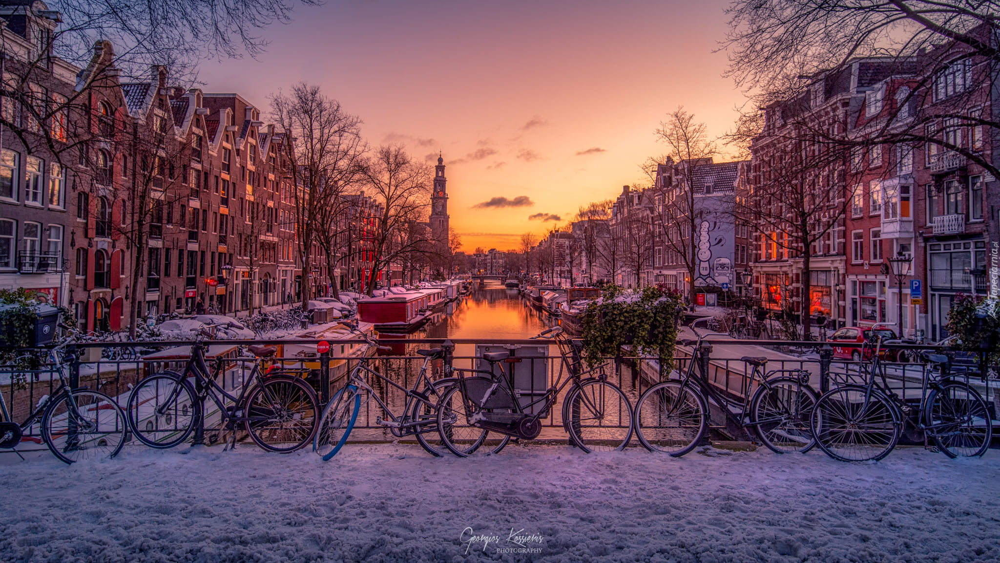 Holandia, Amsterdam, Kanał, Domy, Wschód słońca, Rowery, Drzewa, Zima