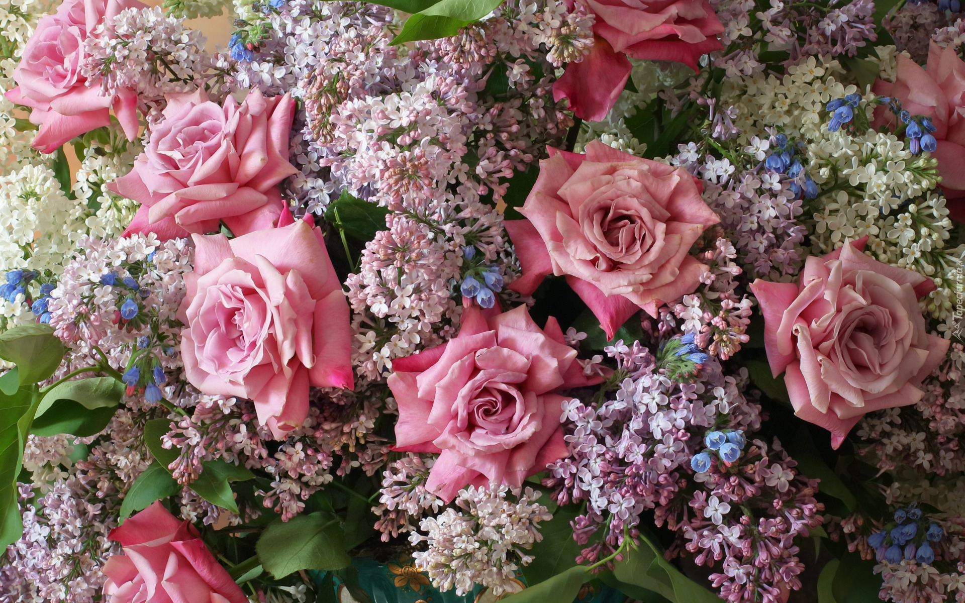 Bukiet, Kwiaty, Bez, Lilak, Róże, Różowe