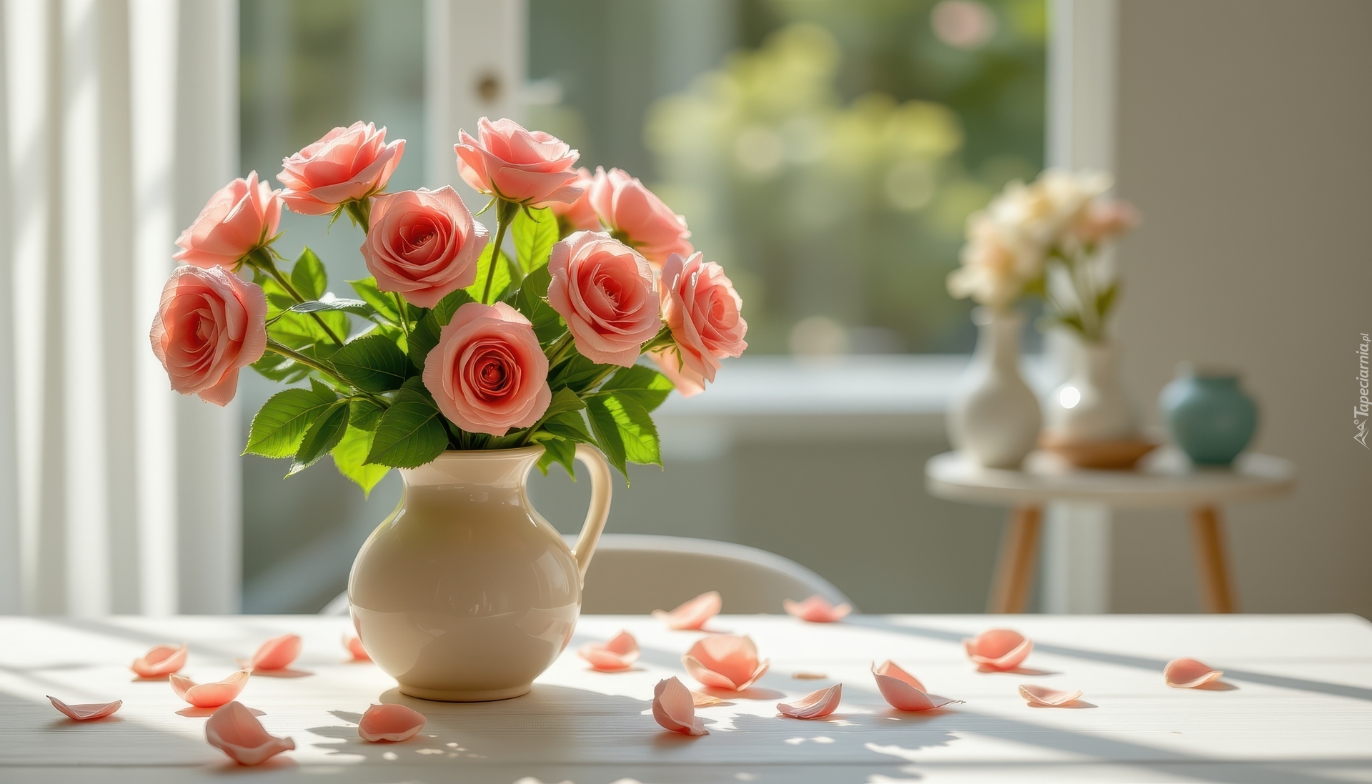 Kwiaty, Róże, Dzbanek, Stół, Okno