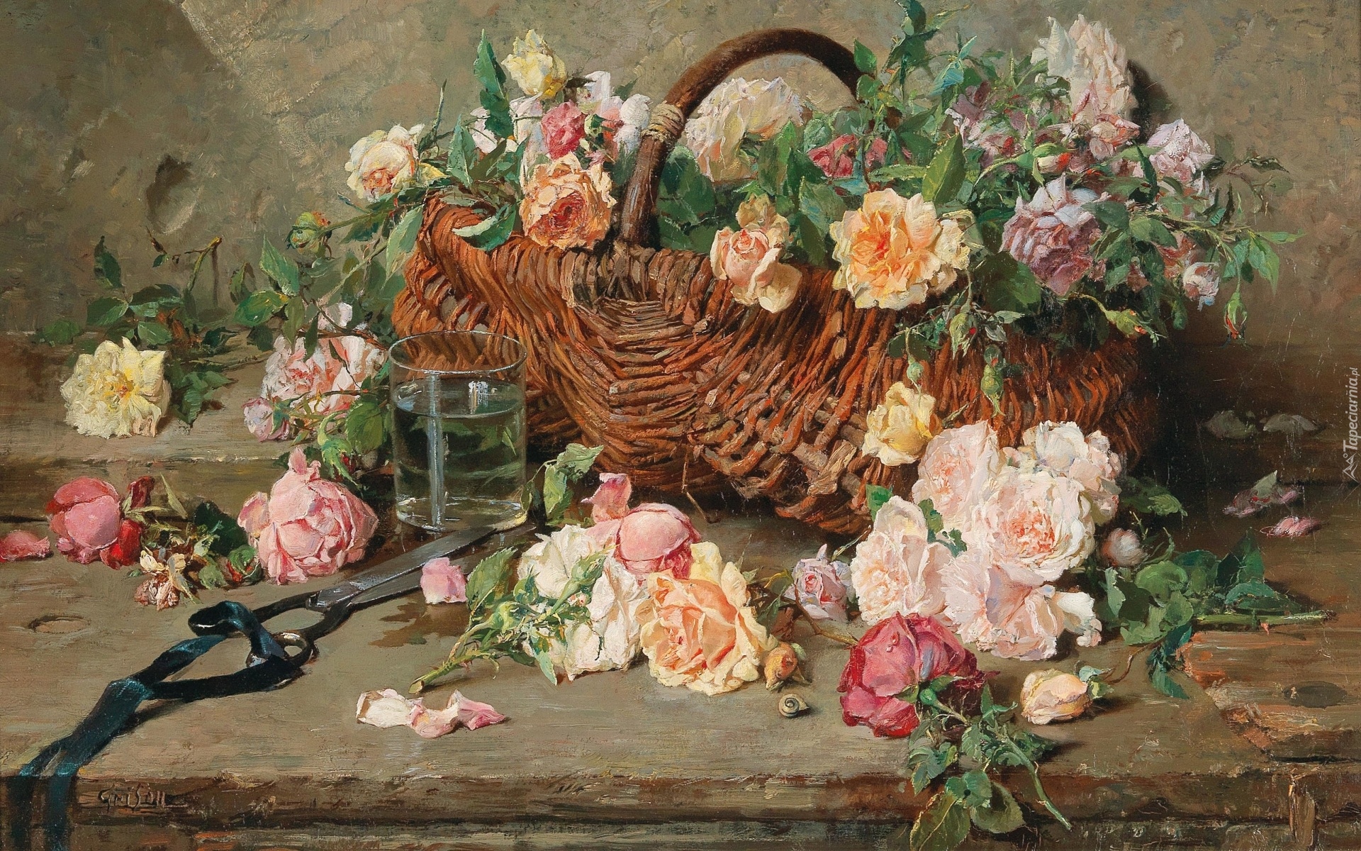 Malarstwo, Obraz, Adolphe Grison, Kwiaty, Róże, Bukiet, Koszyk