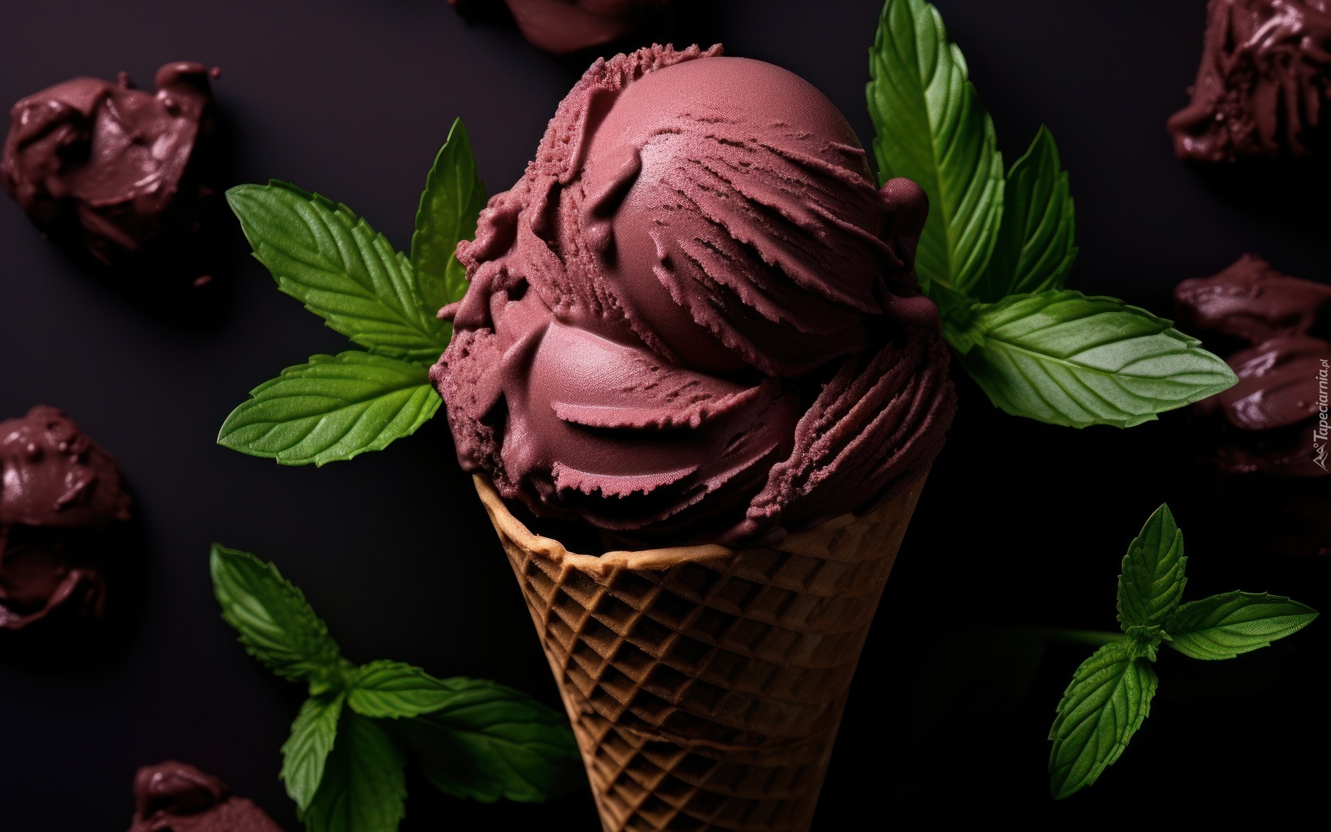Lody, Czekoladowe, Wafelek, Mięta, Listki