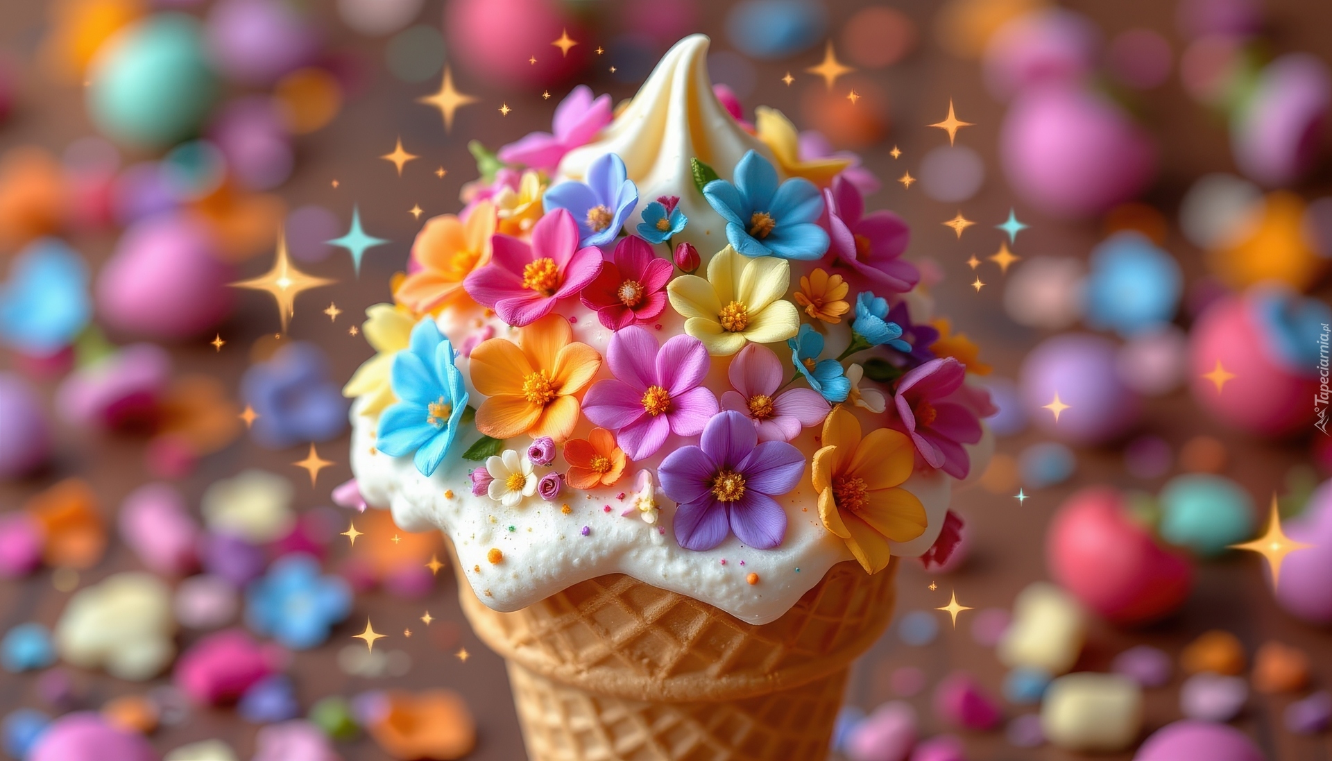 Lód, Lody, Wafelek, Kolorowe, Kwiaty