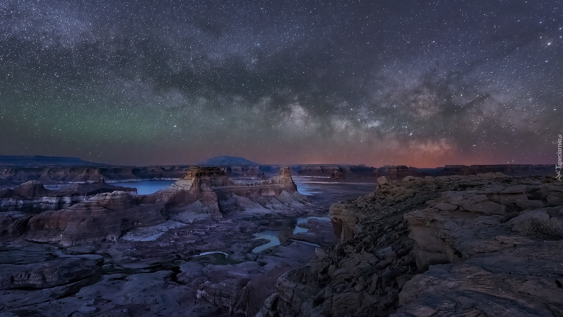 Noc, Gwiazdy, Skały, Jezioro, Lake Powell, Utah, Stany Zjednoczone