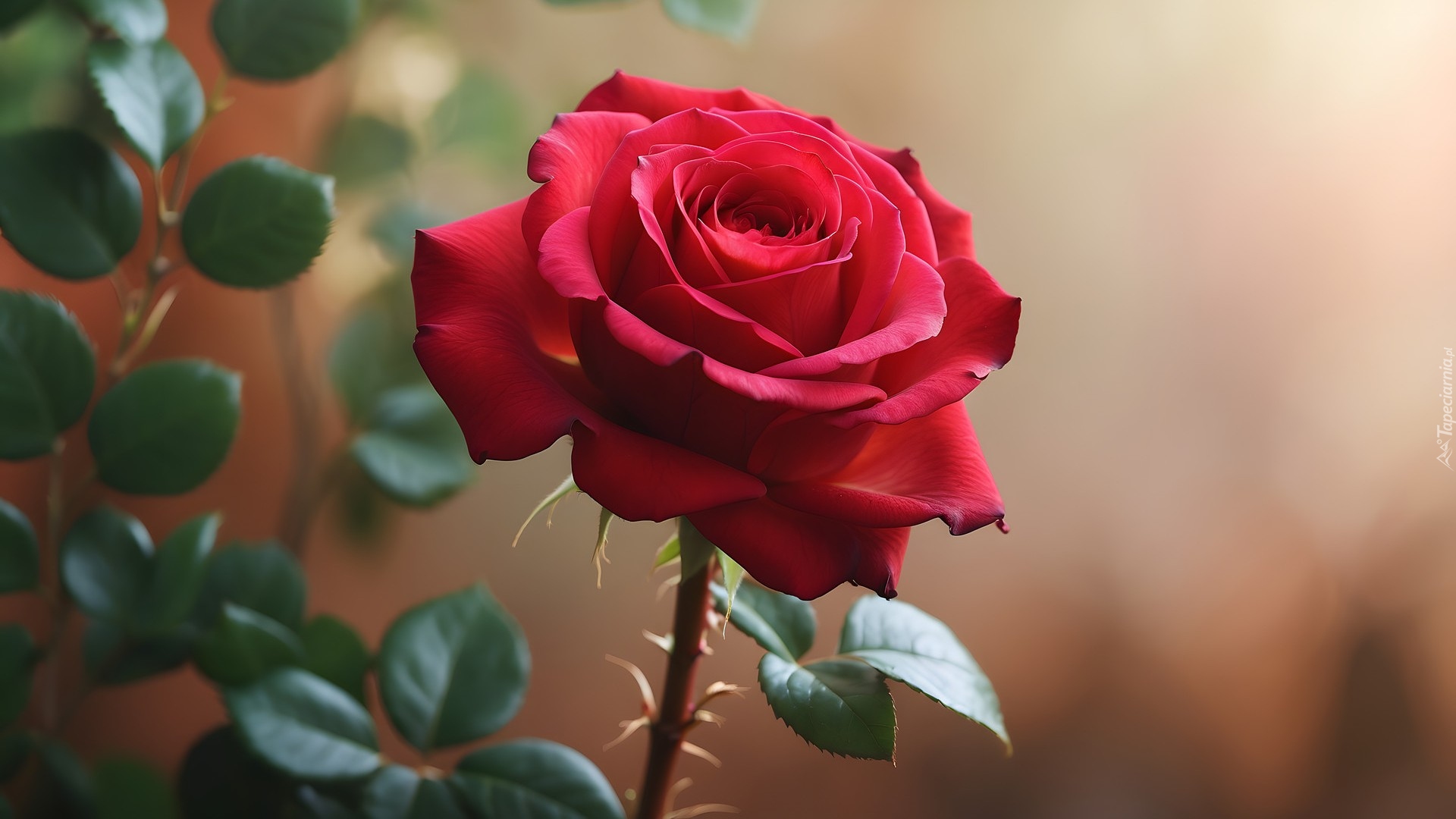 Rozkwitająca, Czerwona, Róża, Zielone, Listki