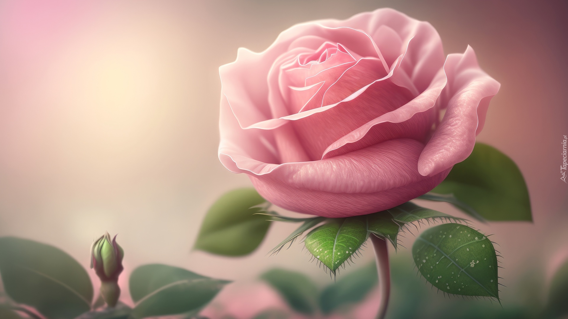 Róża, Jasnoróżowa, Pąk, Liście, AI