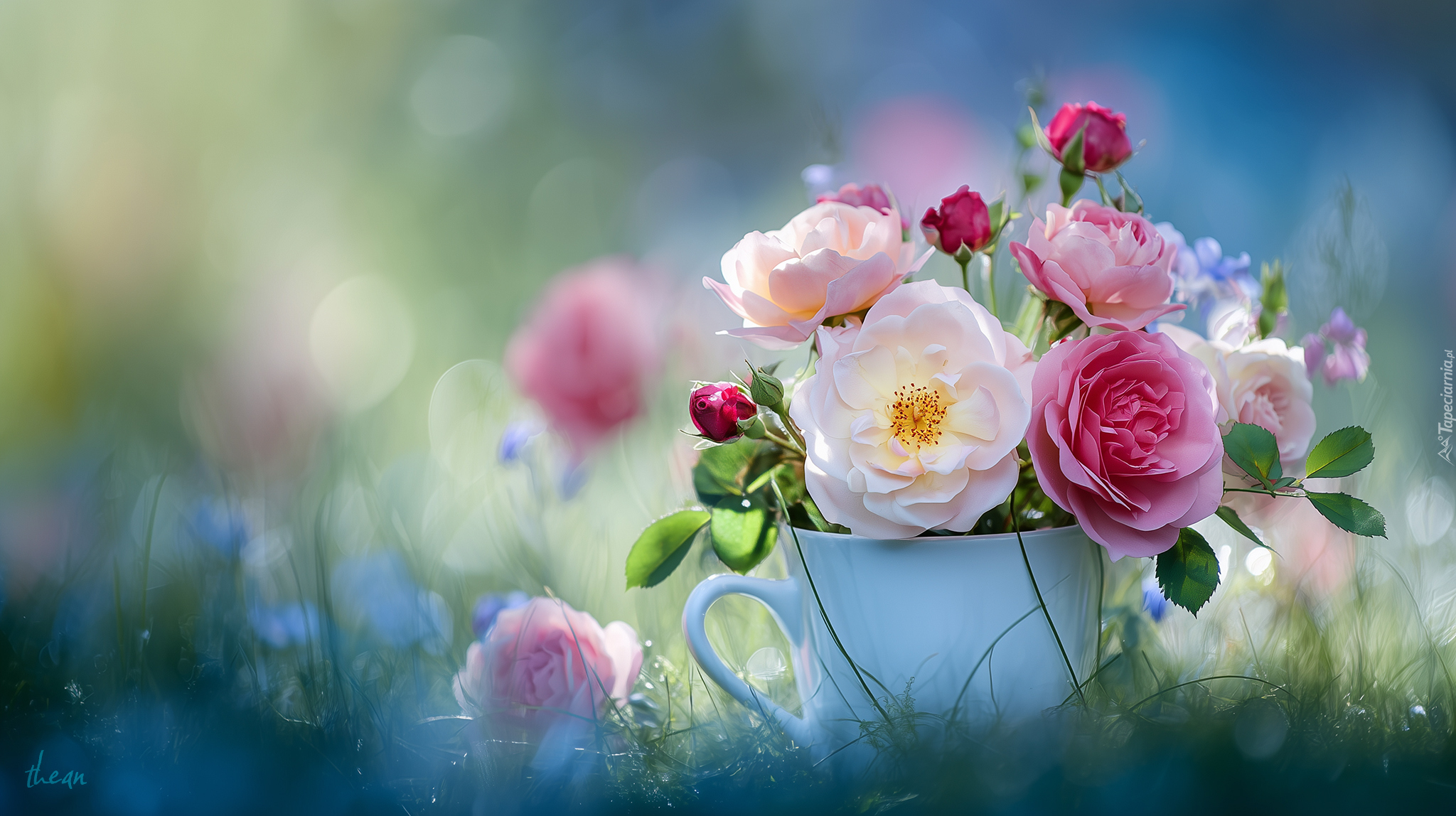 Róże, Kolorowe, Kwiaty, Biały, Kubek, Grafika AI