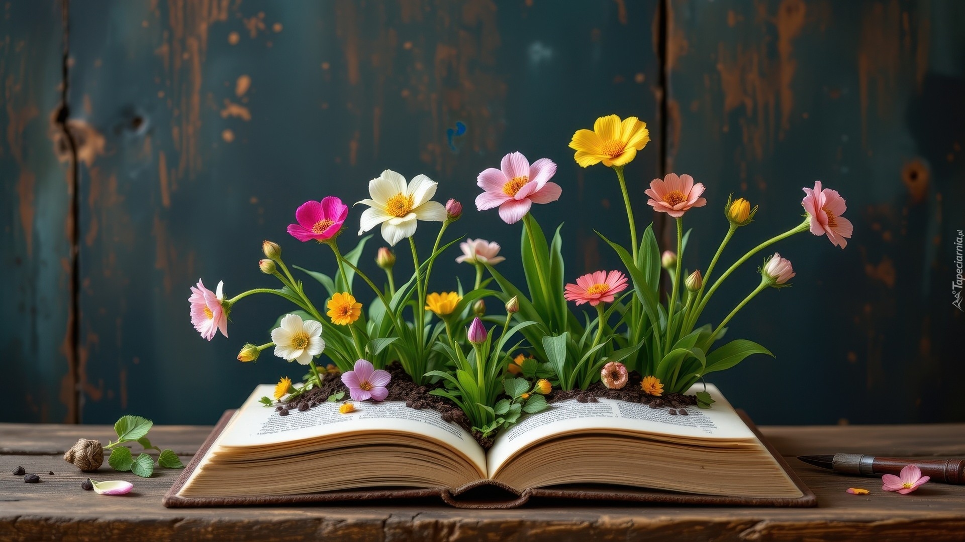 Rozłożona, Książka, Kolorowe, Kwiaty, Ściana