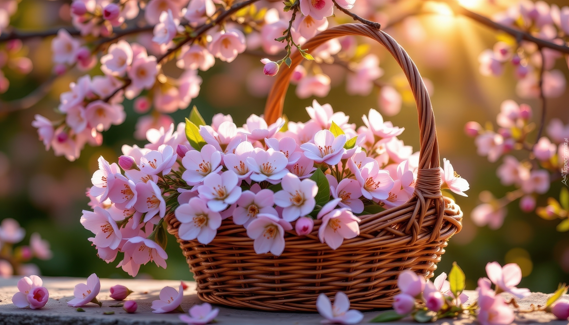 Kwiaty, Różowe, Gałązki, Koszyk