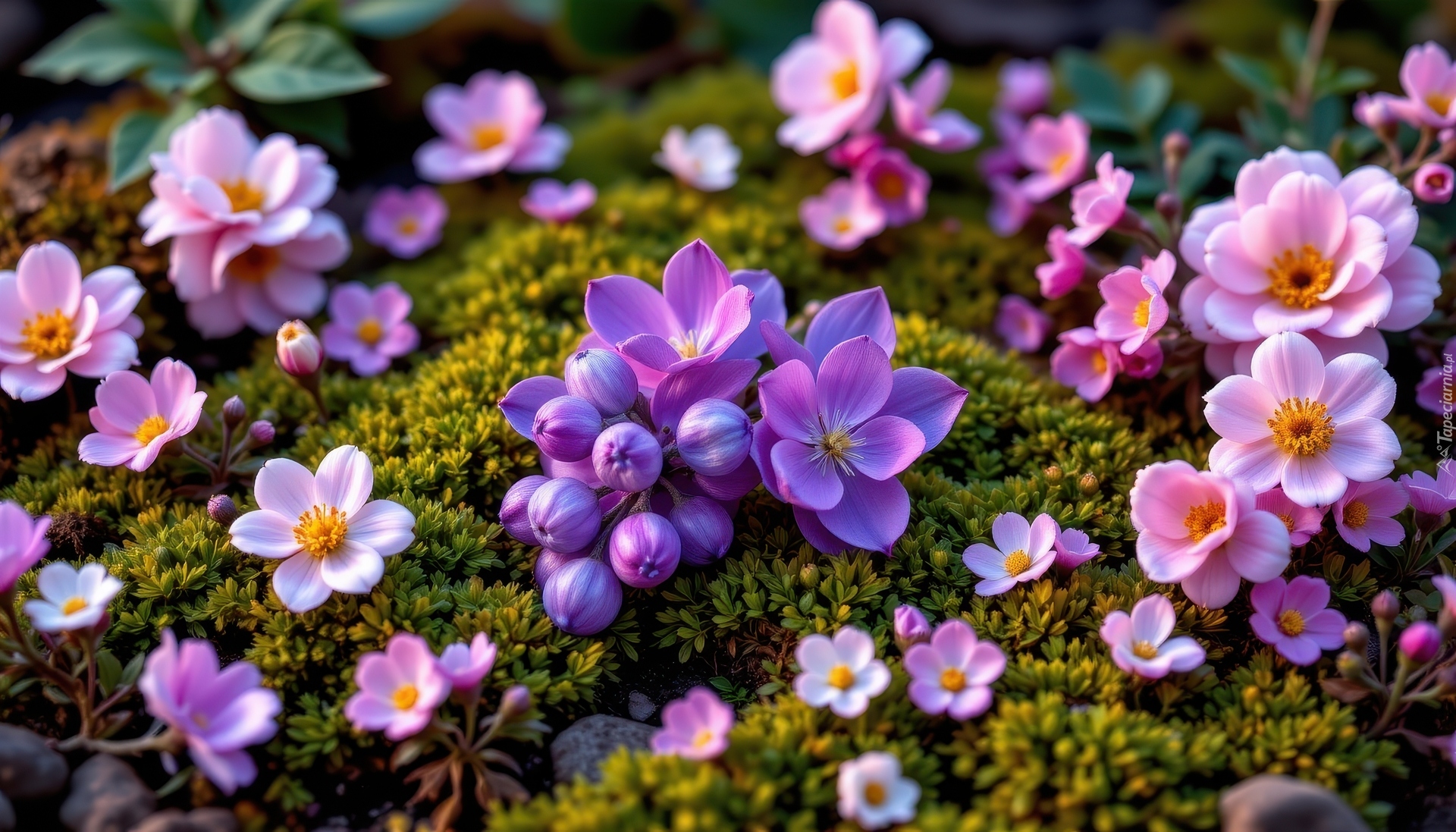 Różowe, Fioletowe, Kwiaty, Mech