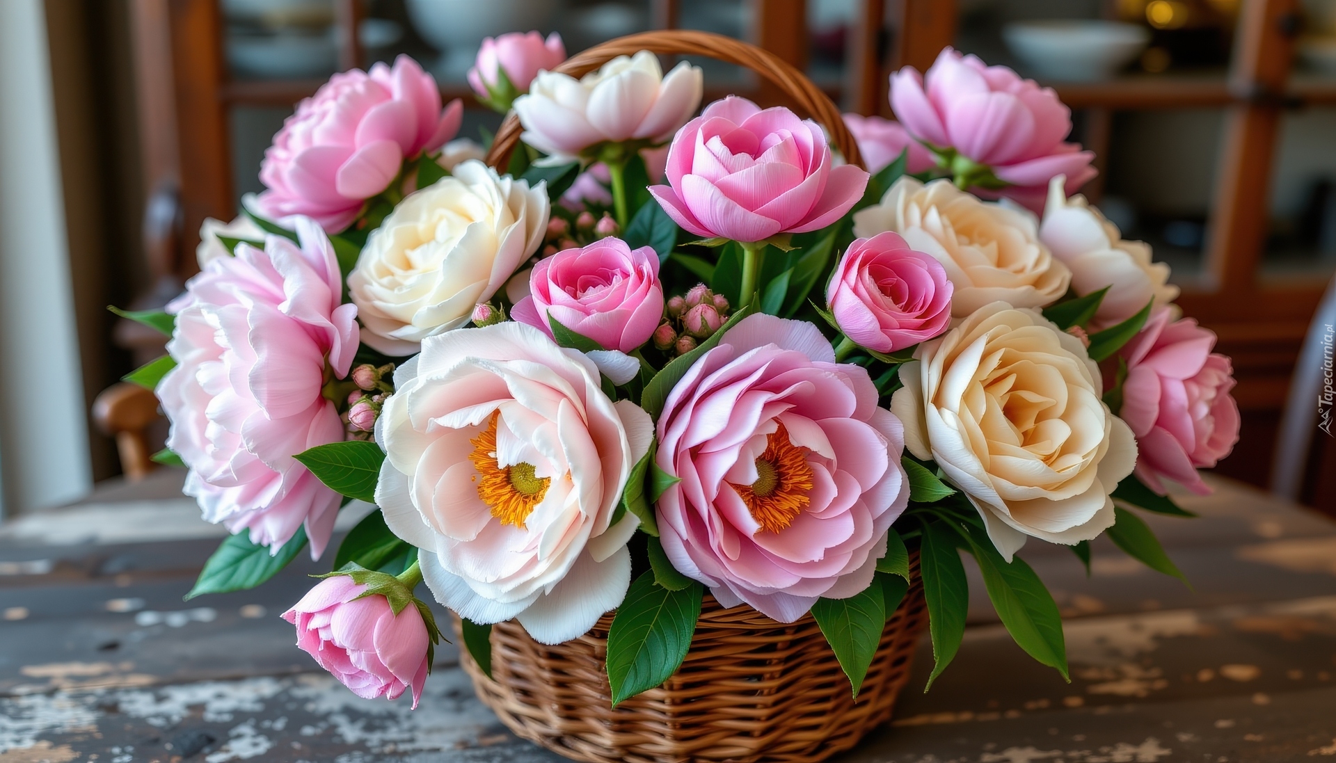 Kwiaty, Piwonie, Różowe, Kremowe, Koszyk, Stół