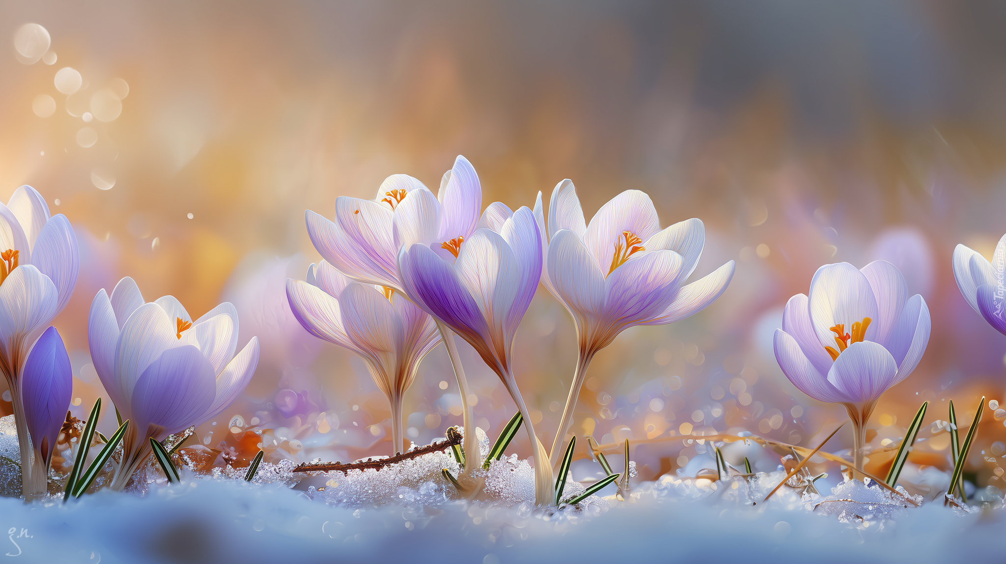 Różowe, Krokusy, Śnieg, Kwiaty, Grafika AI