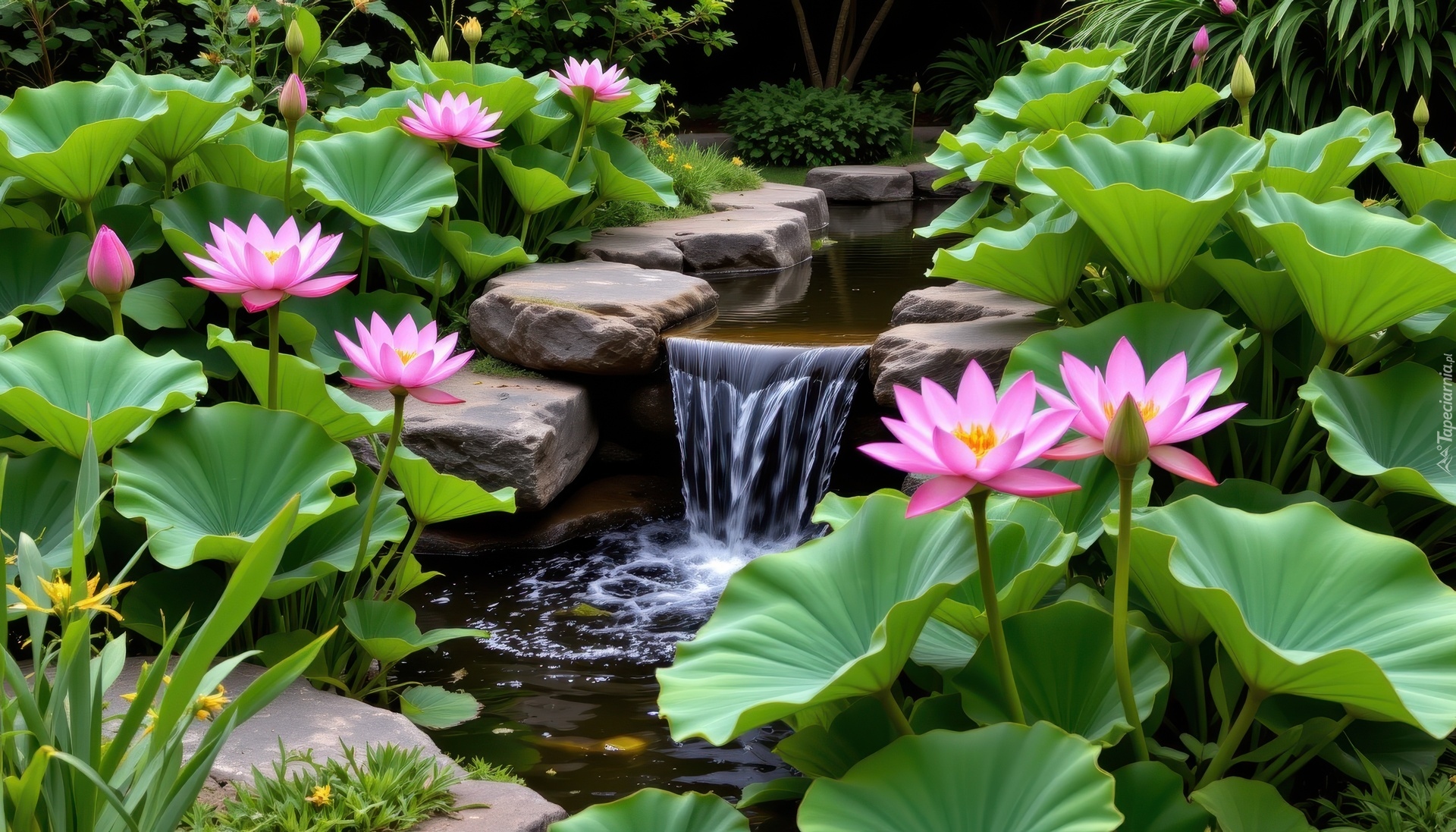Ogród, Kwiaty, Różowe, Lotosy, Liście, Kaskada, Kamienie, Rośliny