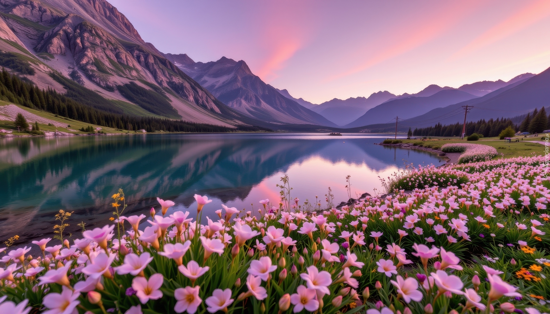 Góry, Jezioro, Łąka, Kwiaty, Różowe