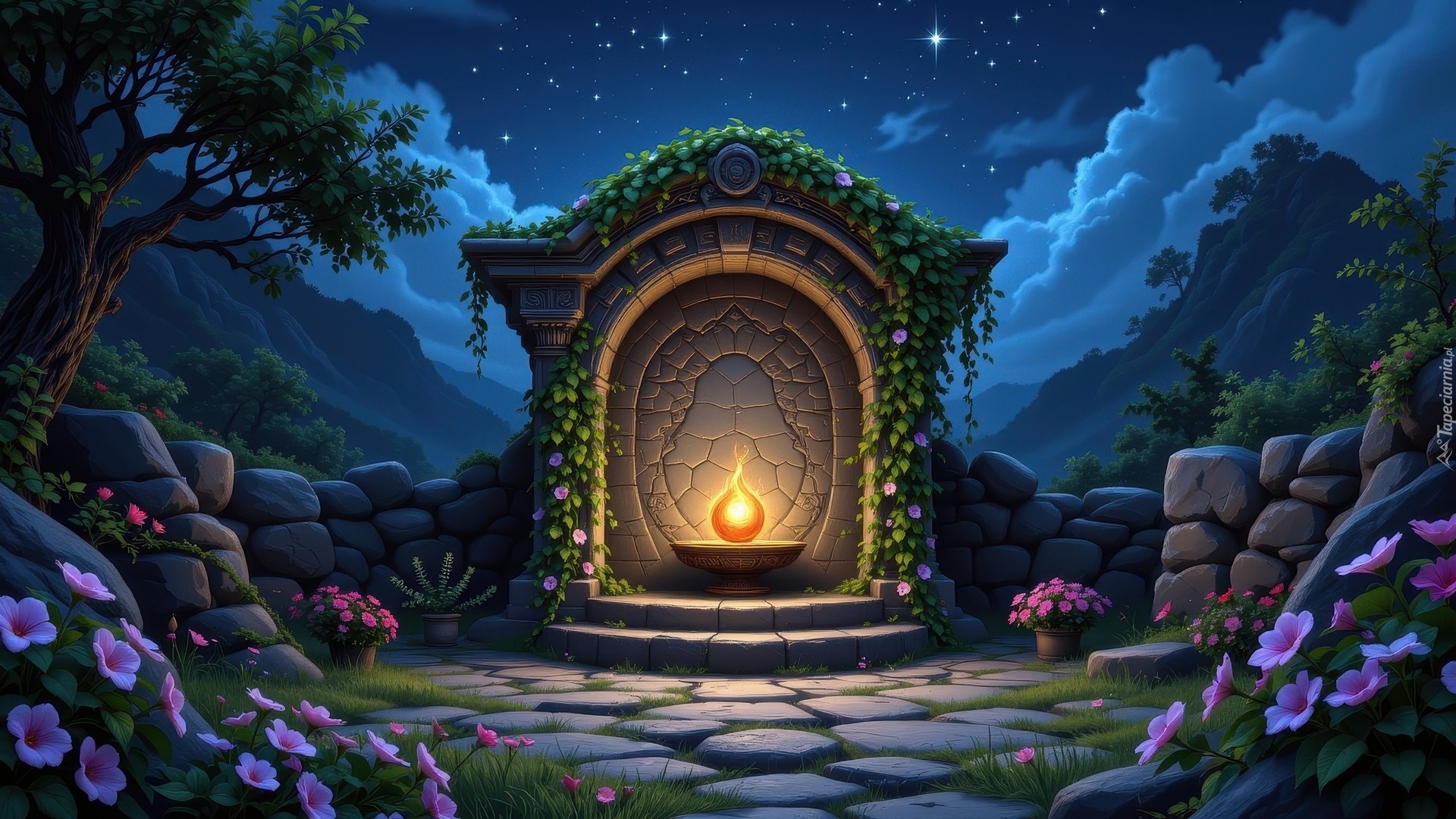 Grafika, Tablica, Upamiętniająca, Znicz, Kamienny, Mur, Różowe, Kwiaty, Góry, Drzewa