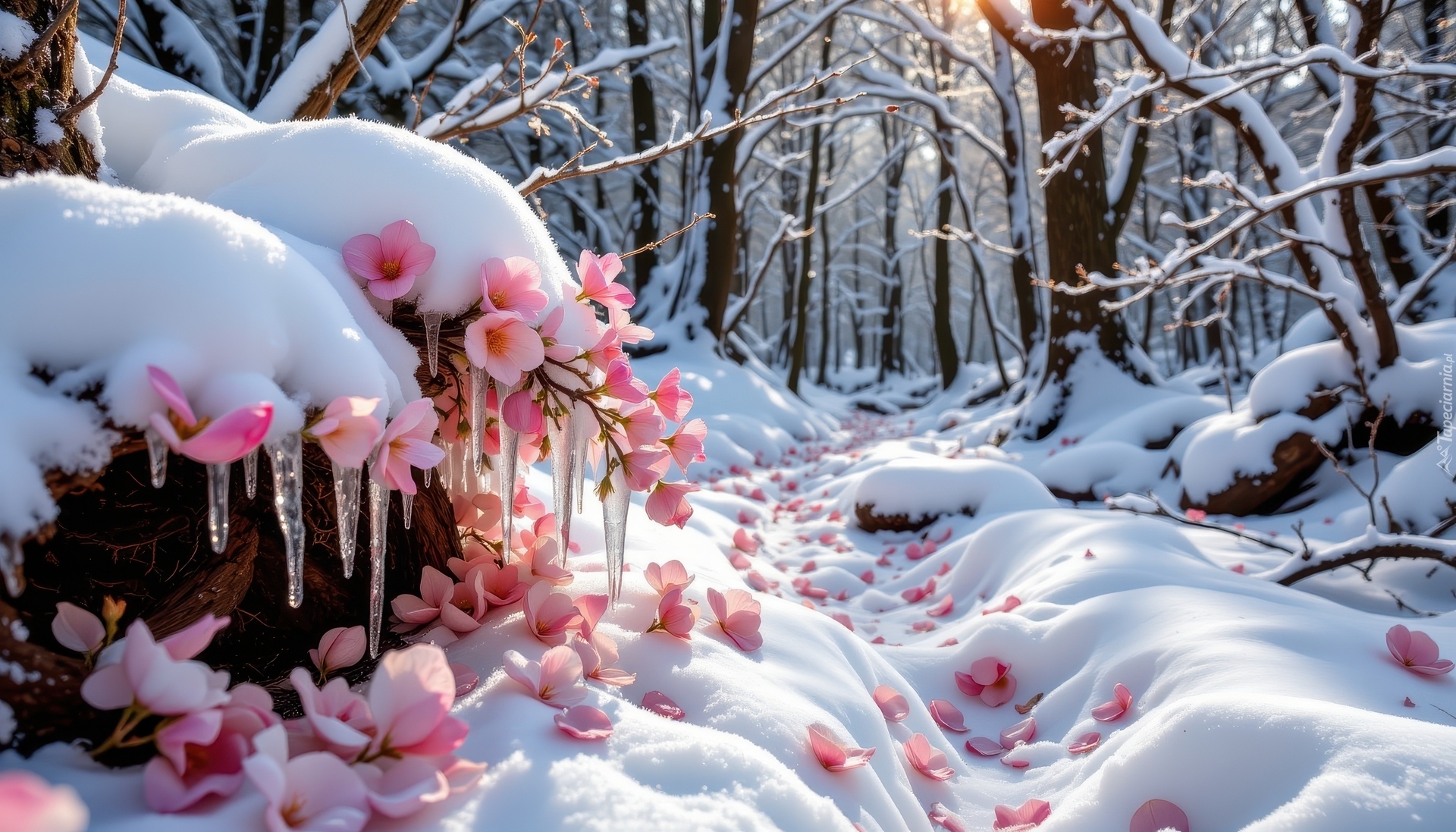 Las, Drzewa, Zima, Sople, Zaspy, Kwiaty, Różowe