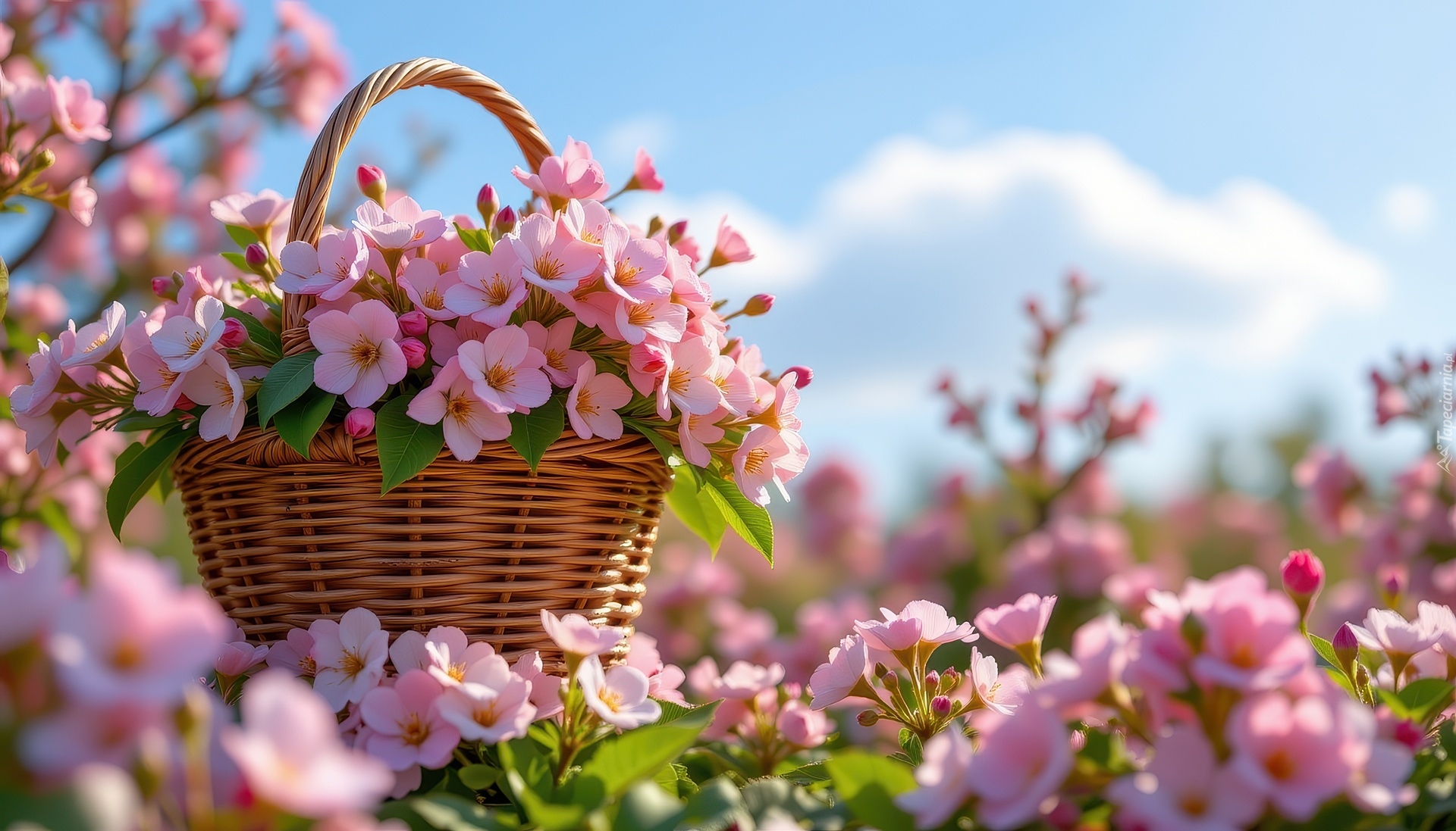 Różowe, Kwiaty, Bukiet, Koszyk, Niebo, Grafika AI