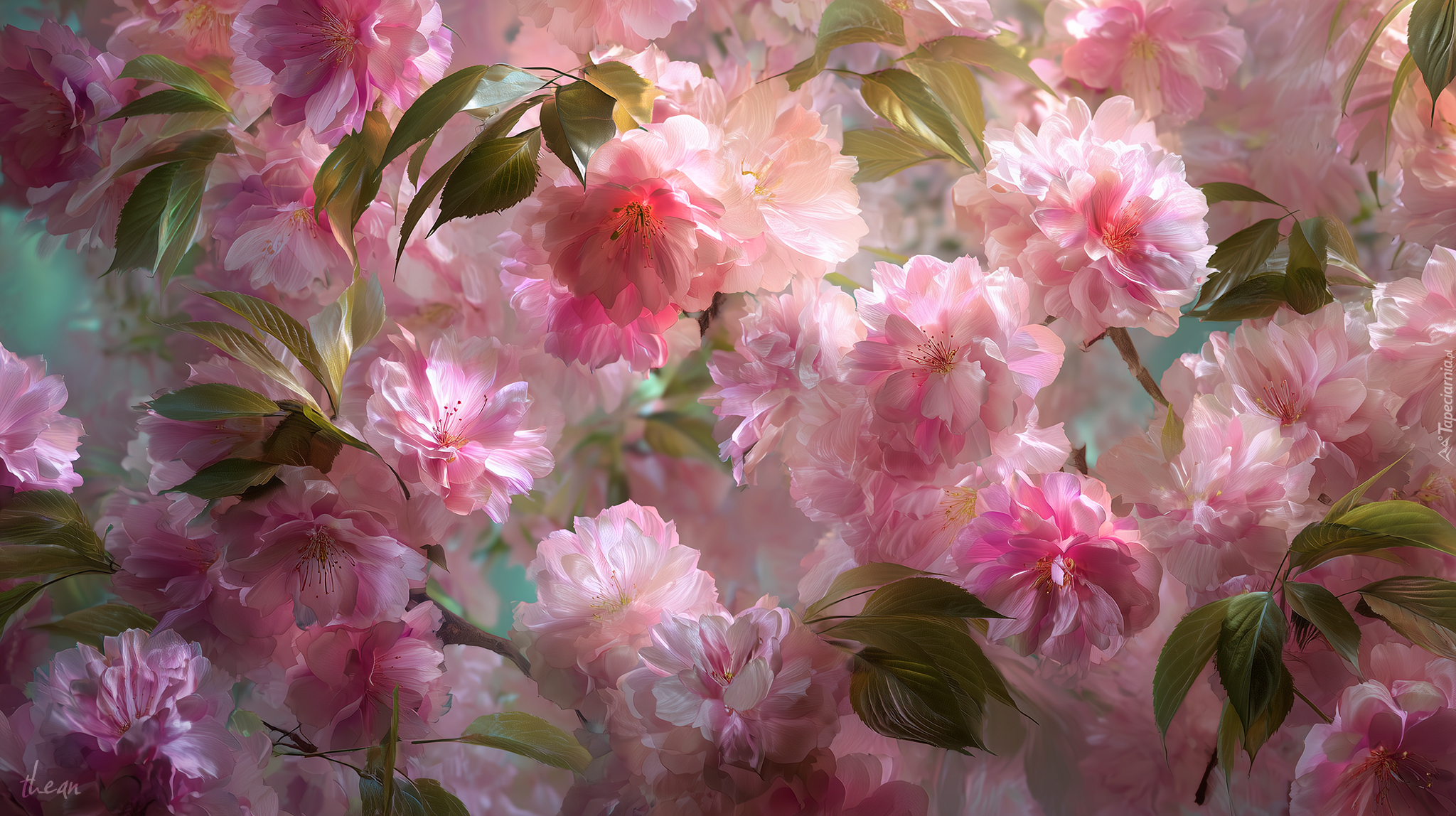 Różowe, Kwiaty, Wiśnia japońska, Grafika AI