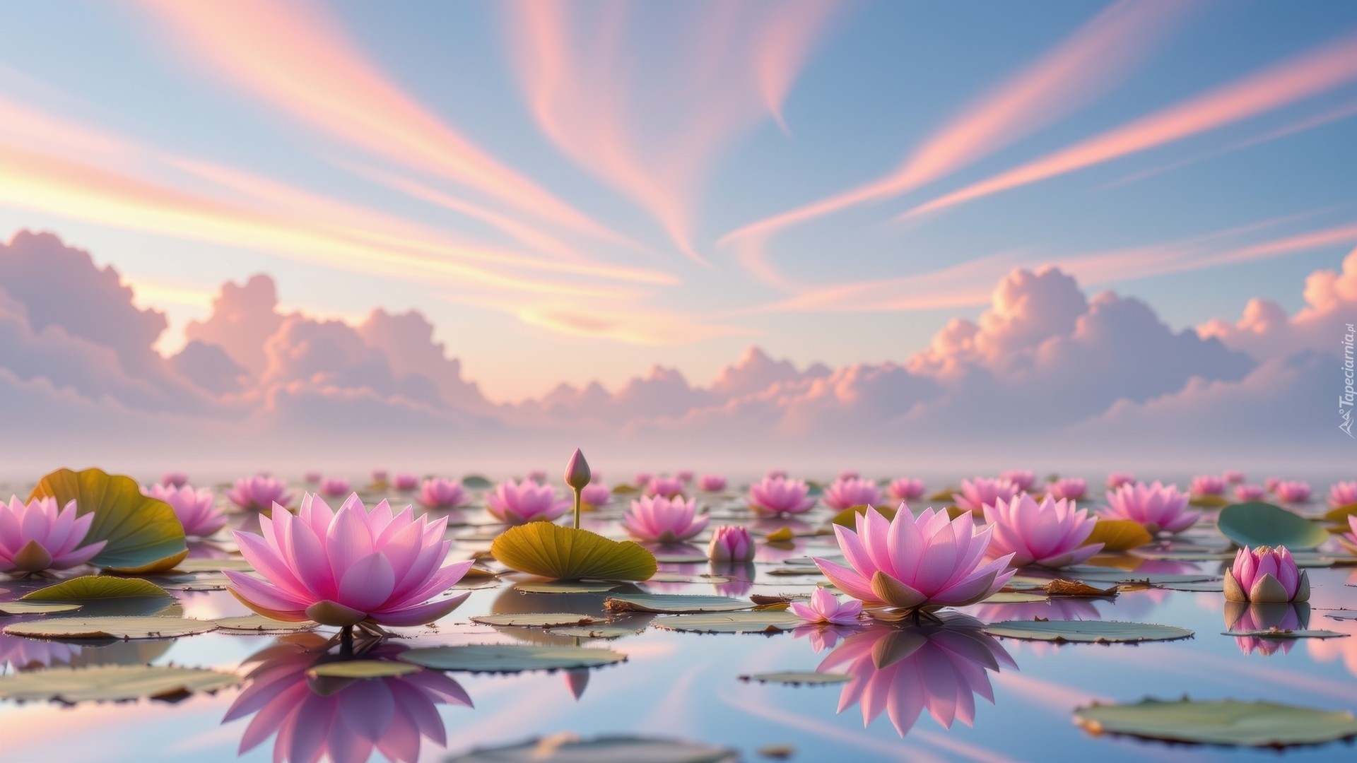 Kolorowe, Niebo, Chmury, Różowe, Kwiaty, Lilie wodne