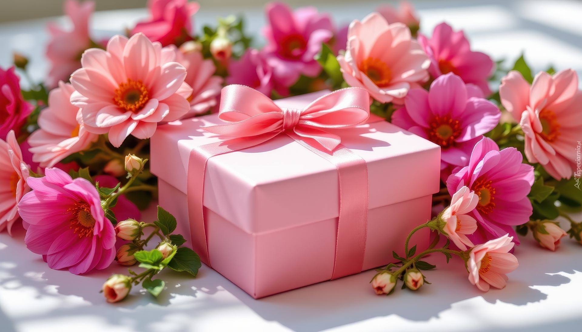 Różowe, Pudełko, Prezent, Kokarda, Kwiaty