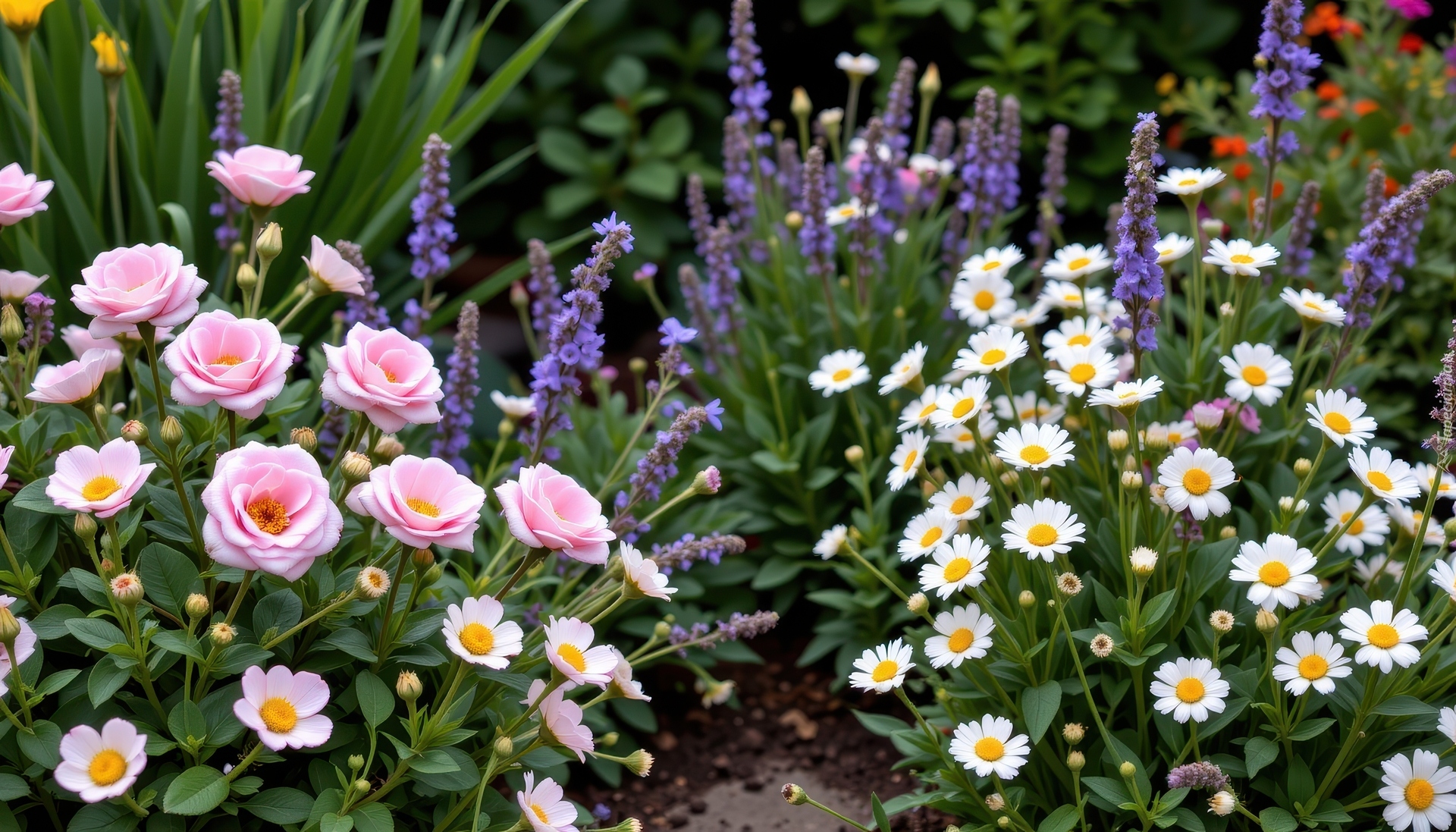 Kwitnące, Kwiaty, Róże, Margerytki, Lawenda