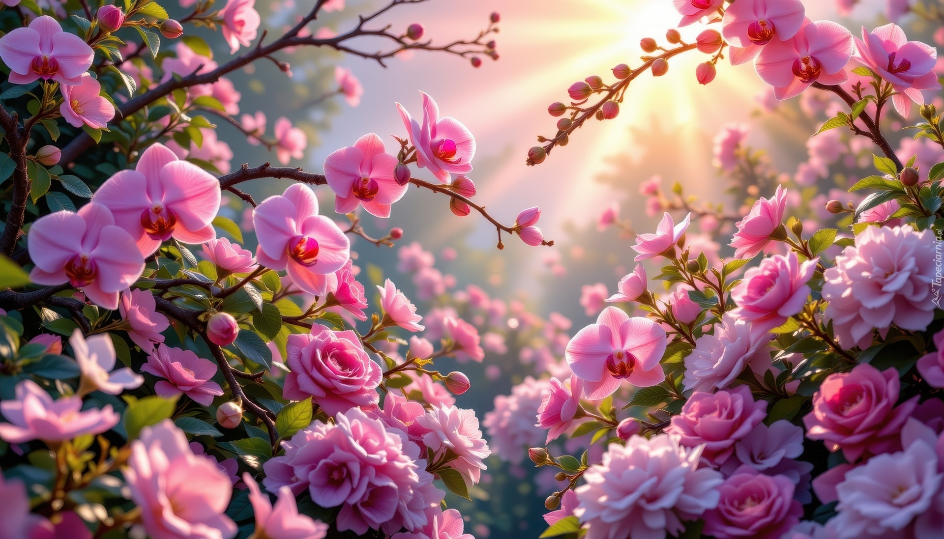 Kwiaty, Róże, Storczyki, Słońce, Grafika AI