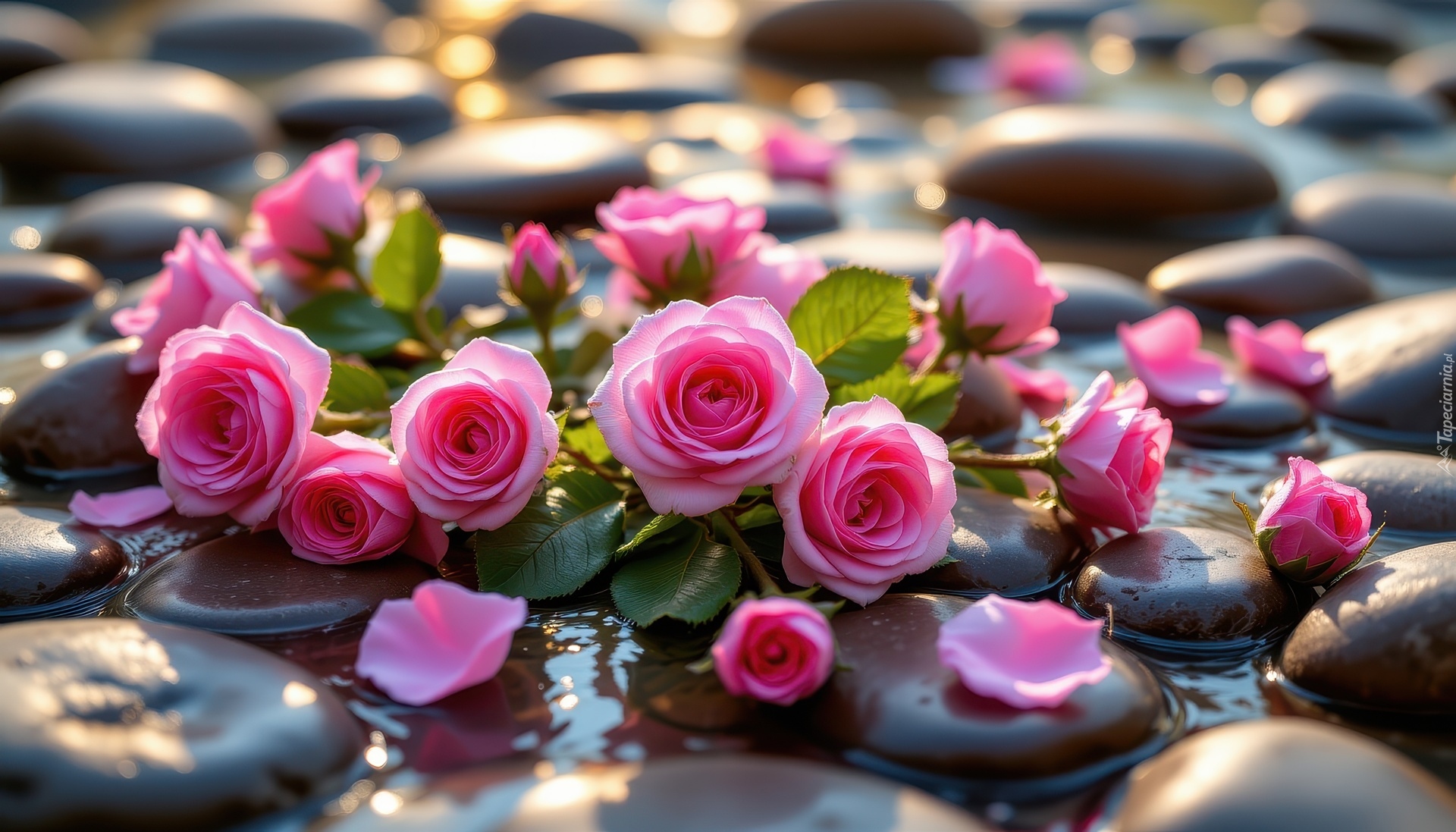 Róże, Różowe, Kwiaty, Kamienie, Woda, Grafika AI