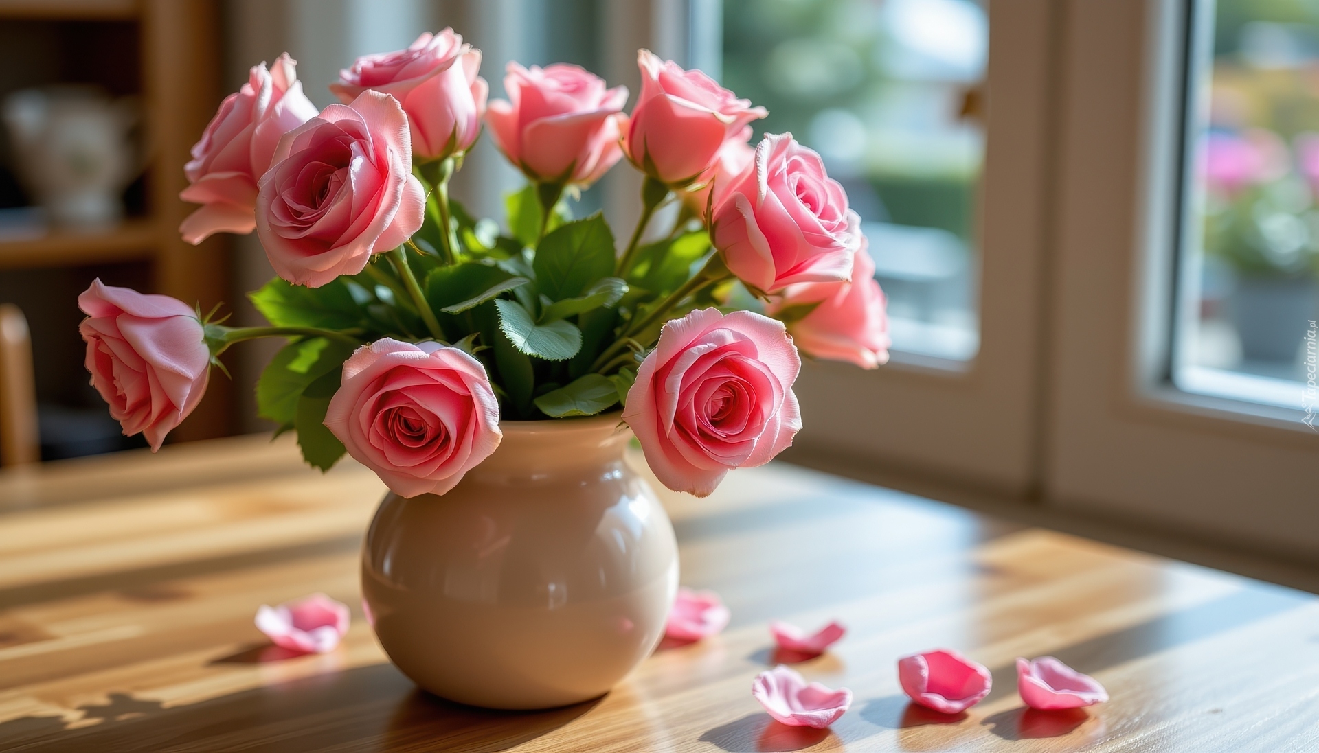 Kwiaty, Różowe, Róże, Wazon, Stół