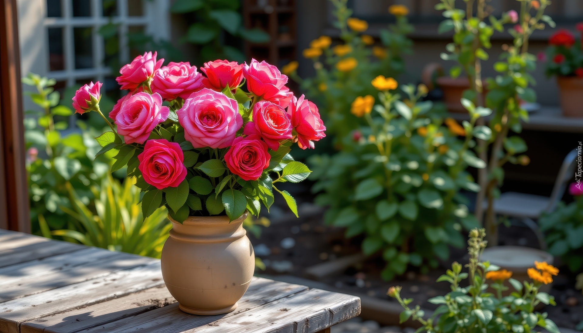 Kwiaty, Różowe, Róże, Wazon, Stół, Ogród, Grafika AI