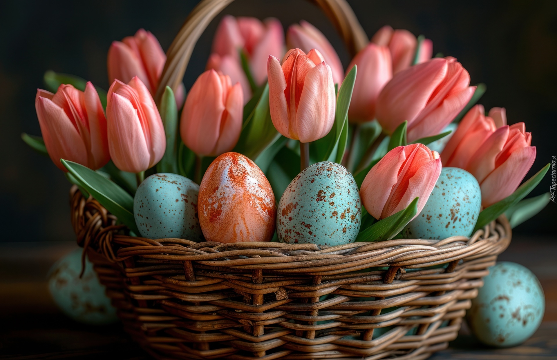 Wielkanoc, Tulipany, Kolorowe, Pisanki, Koszyk