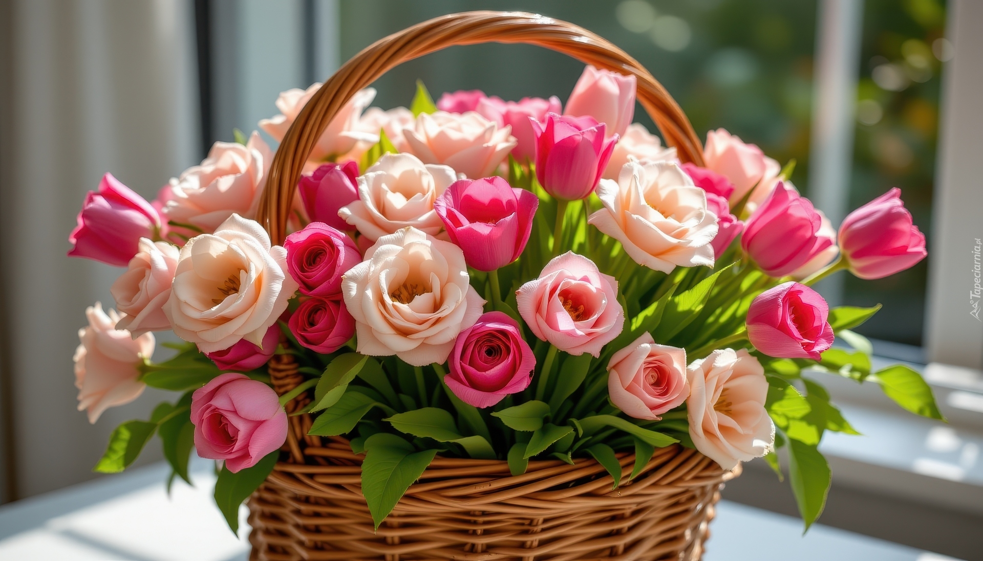 Kwiaty, Róże, Tulipany, Koszyk, Okno