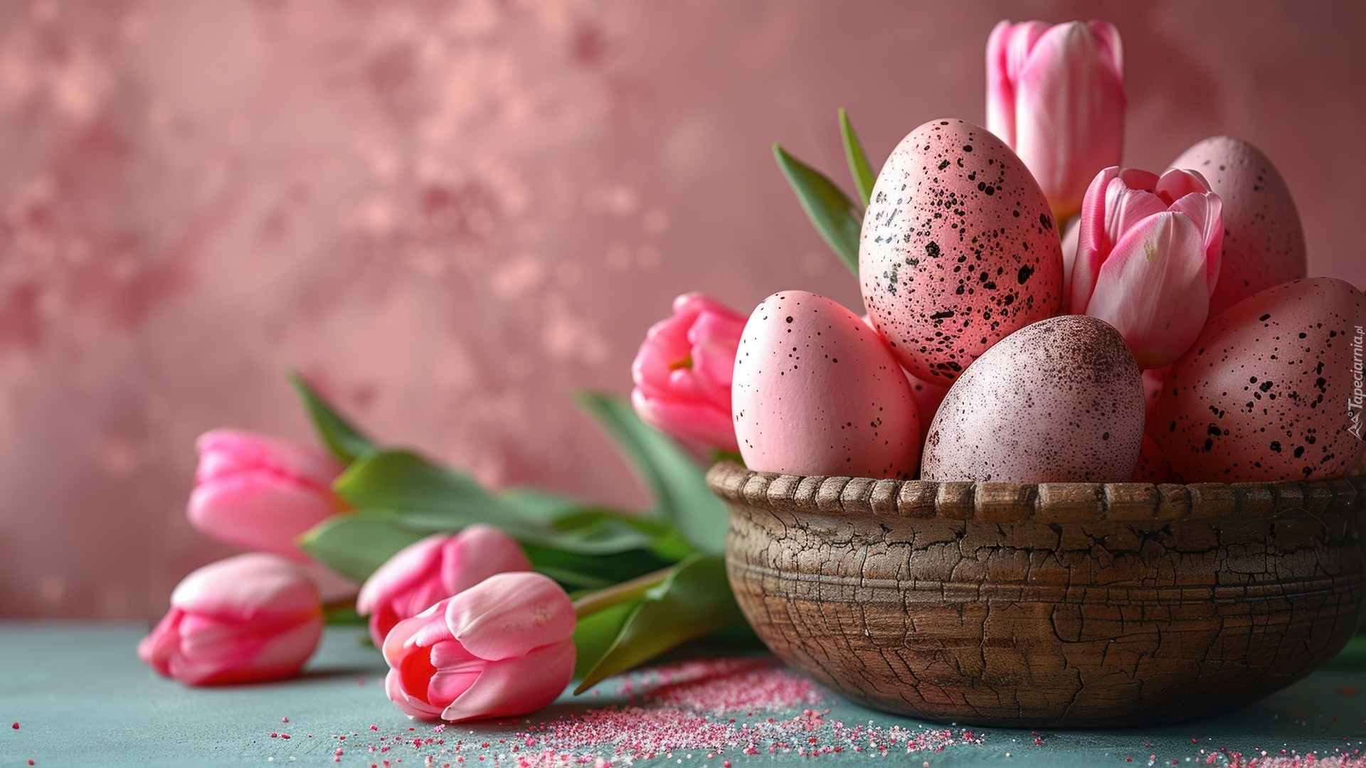 Wielkanoc, Różowe, Pisanki, Różowe, Tulipany, Misa