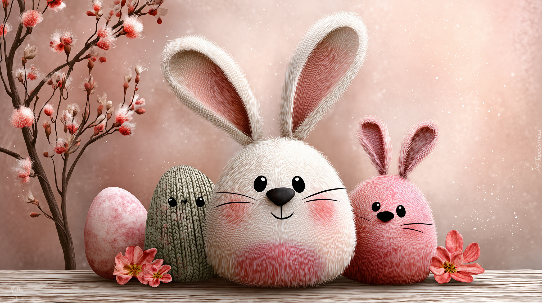 Wielkanoc, Różowe, Zajączki, Jajka, Gałązka, Kwiaty, Grafika AI