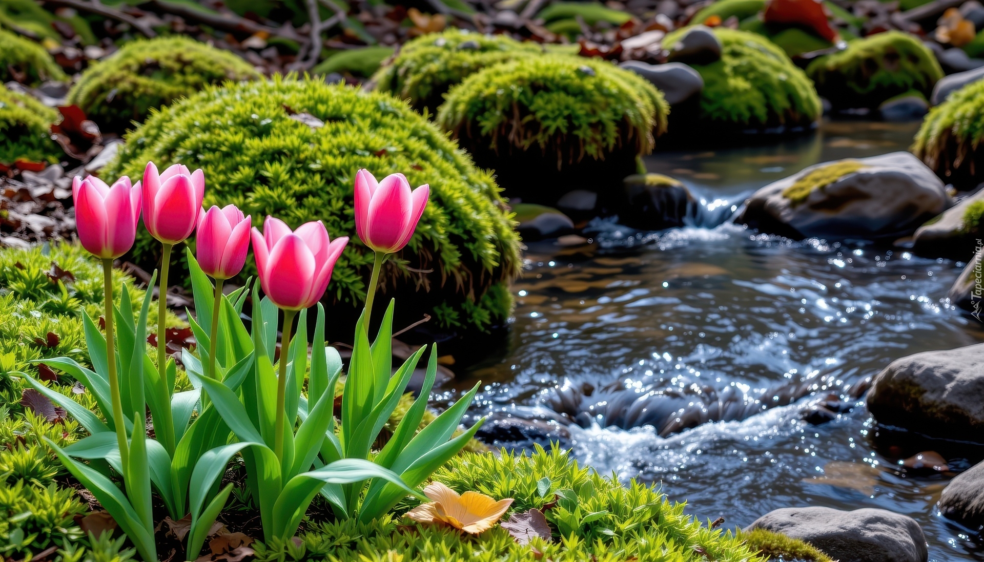 Kwiaty, Różowo-białe, Tulipany, Mech, Strumyk, Kamienie, AI