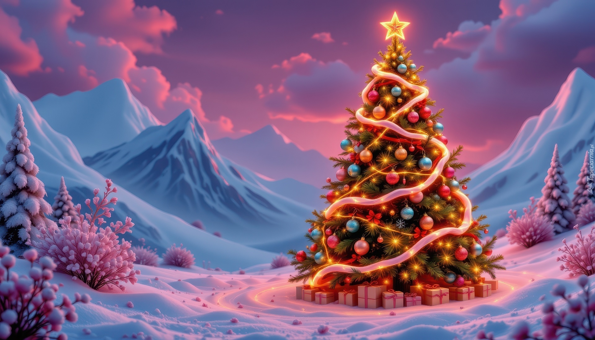 Rozświetlona, Choinka, Góry, Boże Narodzenie, Grafika AI
