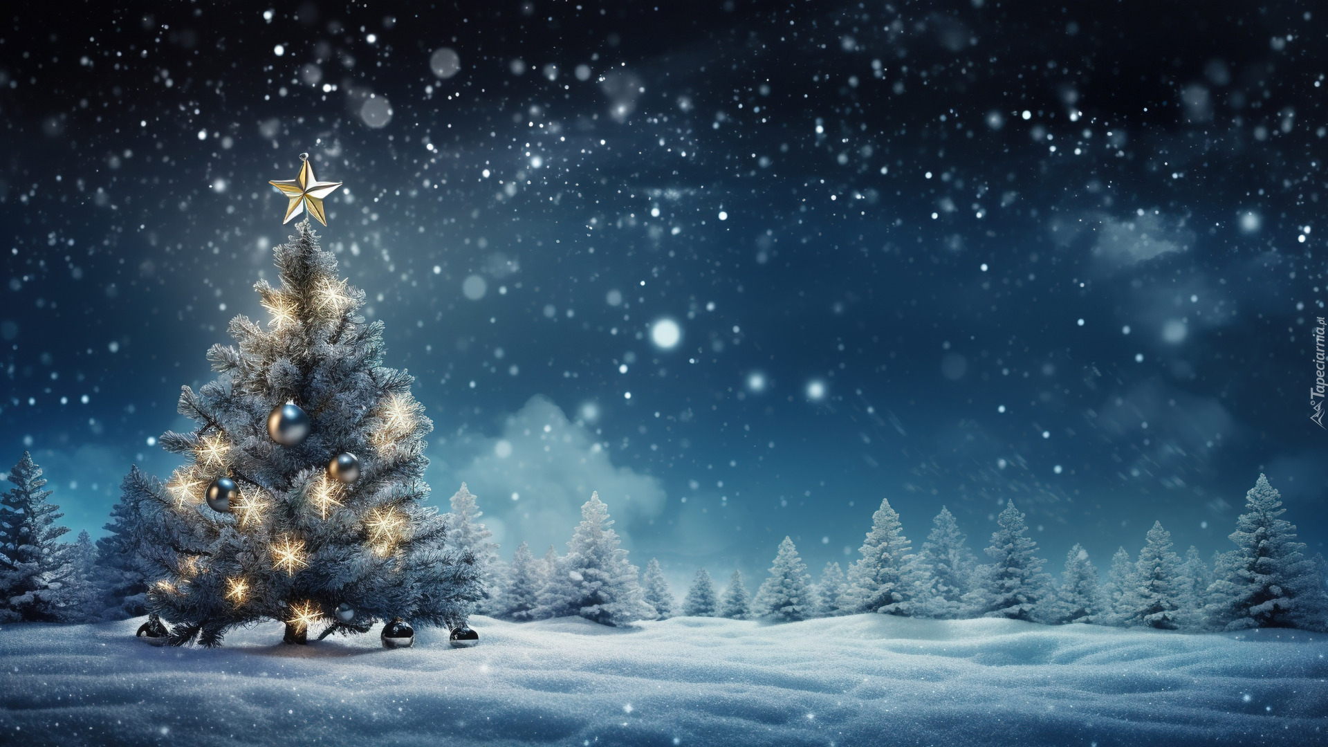 Zima, Las, Śnieg, Noc, Drzewa, Choinka, Światełka, Gwiazda, Bombki, Boże Narodzenie