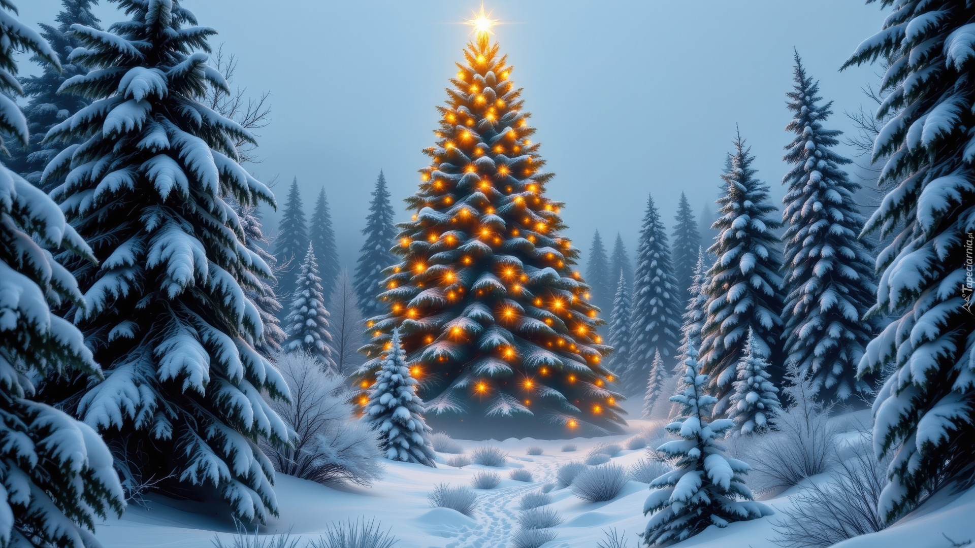 Zima, Las, Ośnieżone, Świerki, Rozświetlona, Choinka, Śnieg, Boże Narodzenie, AI