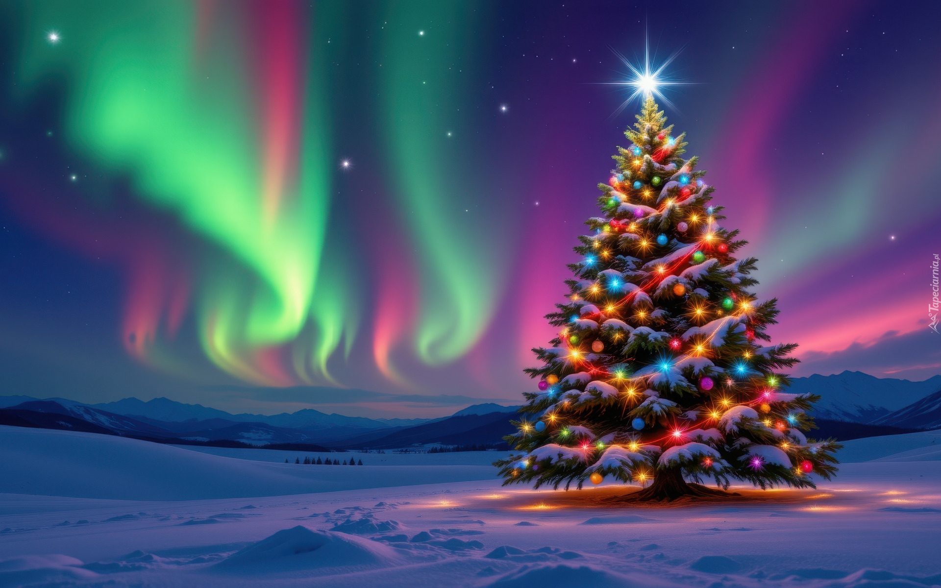 Zima, Pole, Śnieg, Udekorowana, Choinka, Zorza polarna, Boże Narodzenie, AI