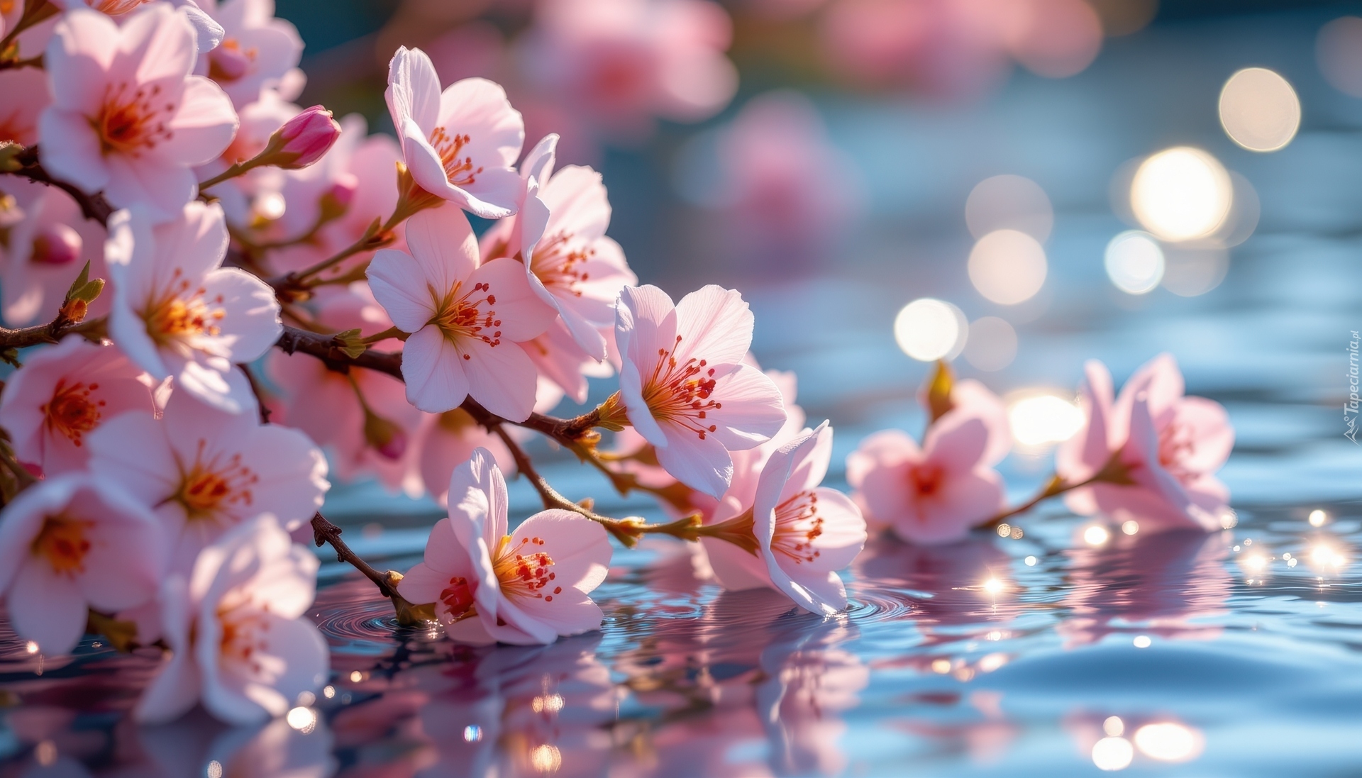 Różowe, Kwiaty, Gałązki, Odbicie