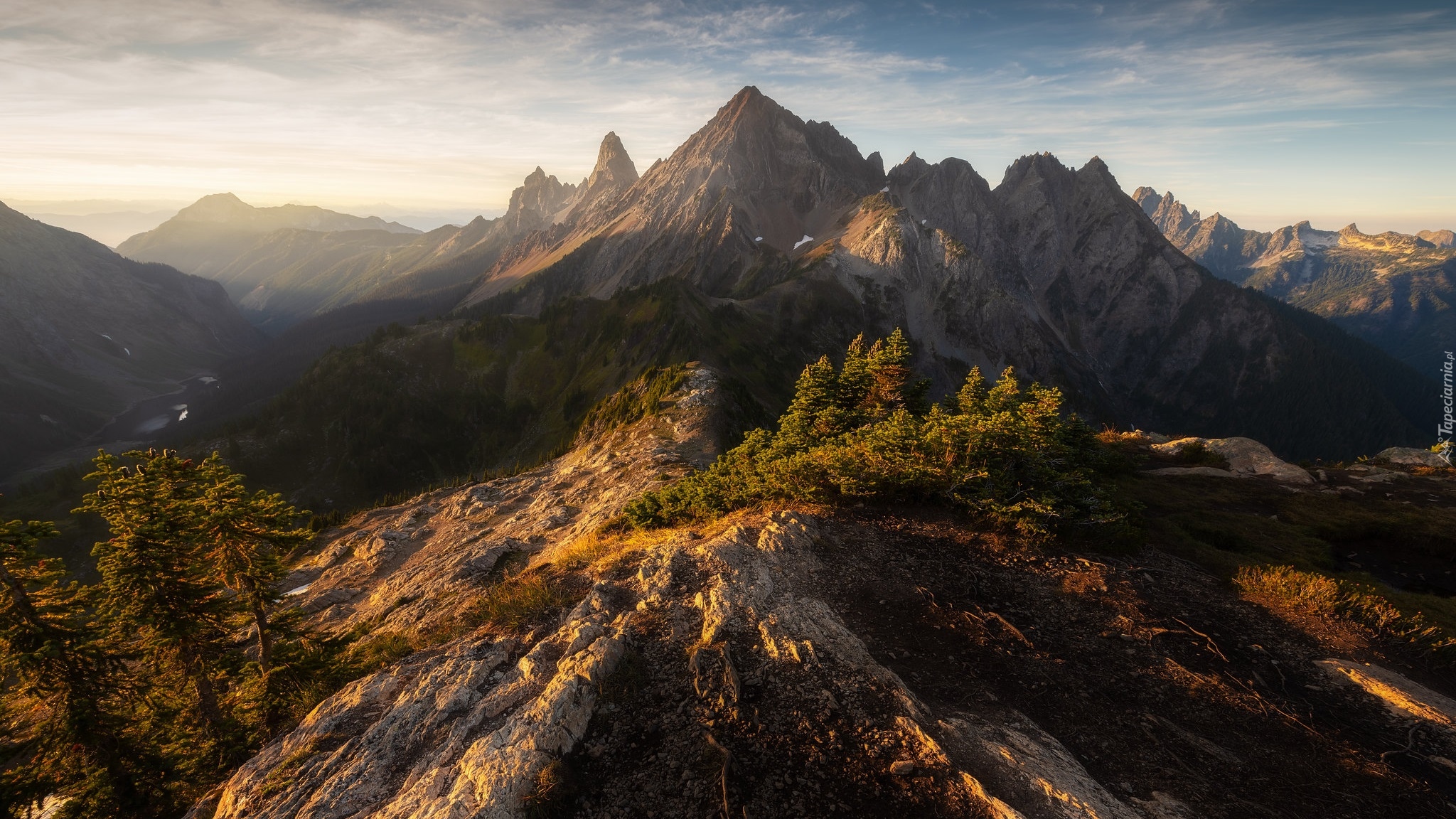 Góry, Skagit Range, Góra, Mount Larrabee, Skały, Drzewa, Sosny, Stan Waszyngton, Stany Zjednoczone