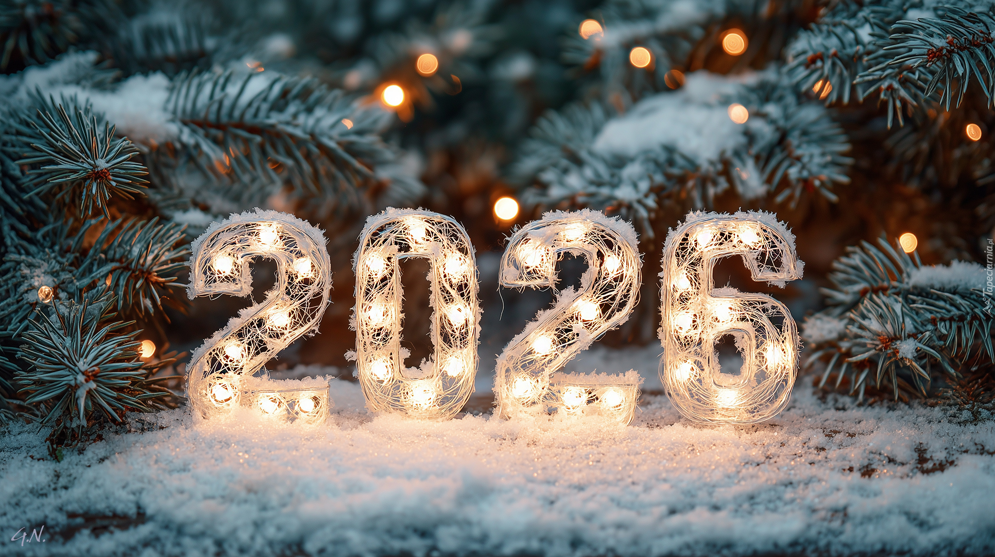 Cyfry, 2026, Nowy Rok, Choinka, Śnieg, Grafika AI