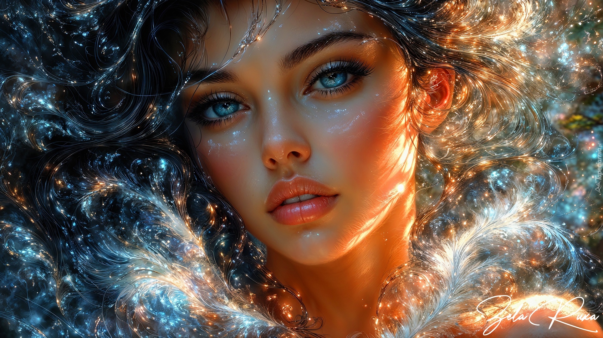 Kobieta, Niebieskie, Oczy, Rozświetlone, Tło, Grafika AI