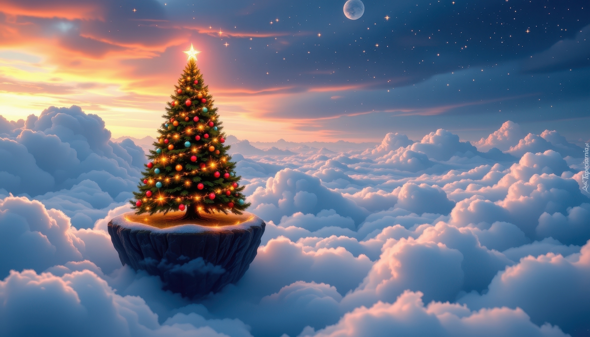 Boże Narodzenie, Choinka, Chmury, Księżyc, Przebijające światło, AI